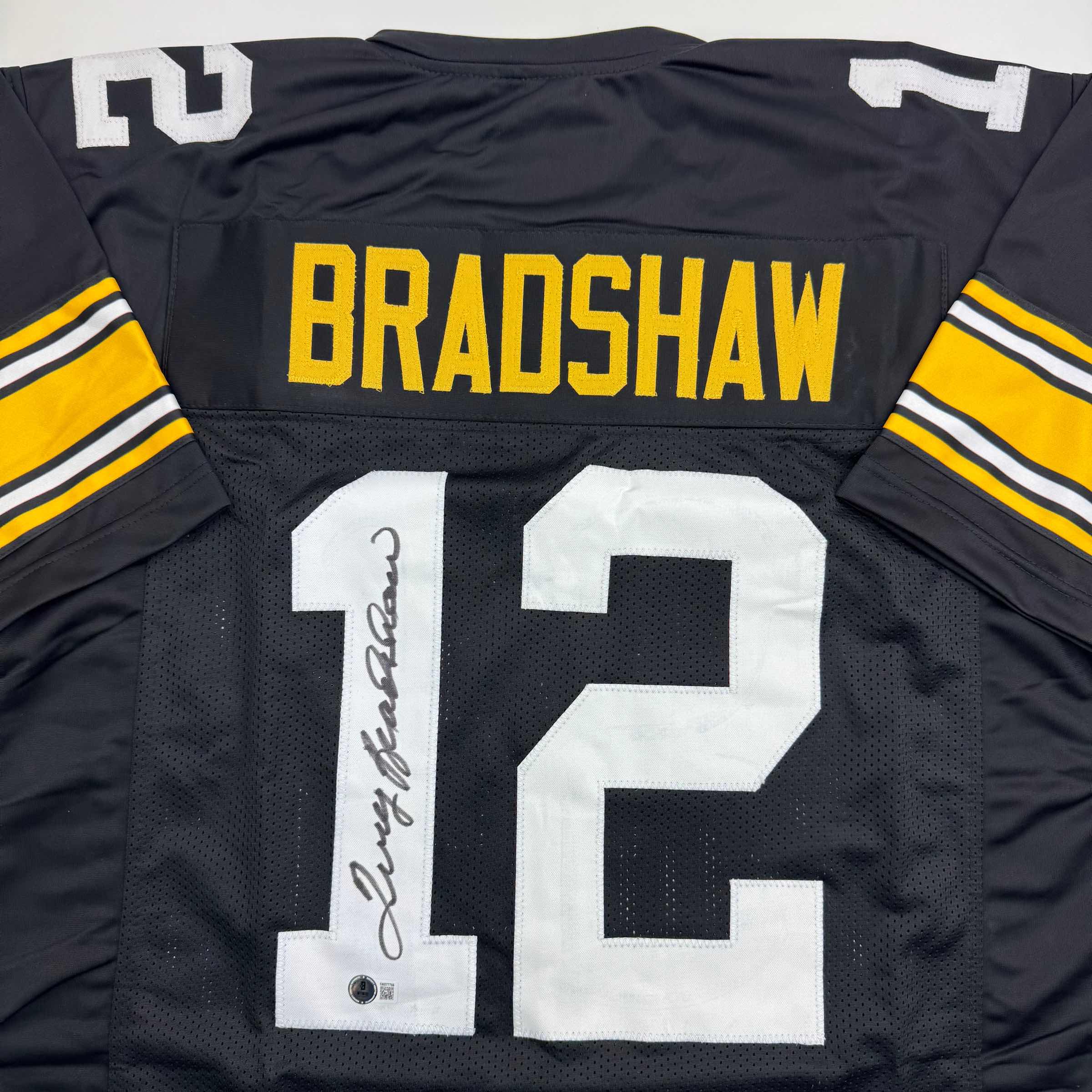 Autographed/Signed Terry Bradshaw Pittsburgh Black Football Jersey Beckett BAS COA - Image 2