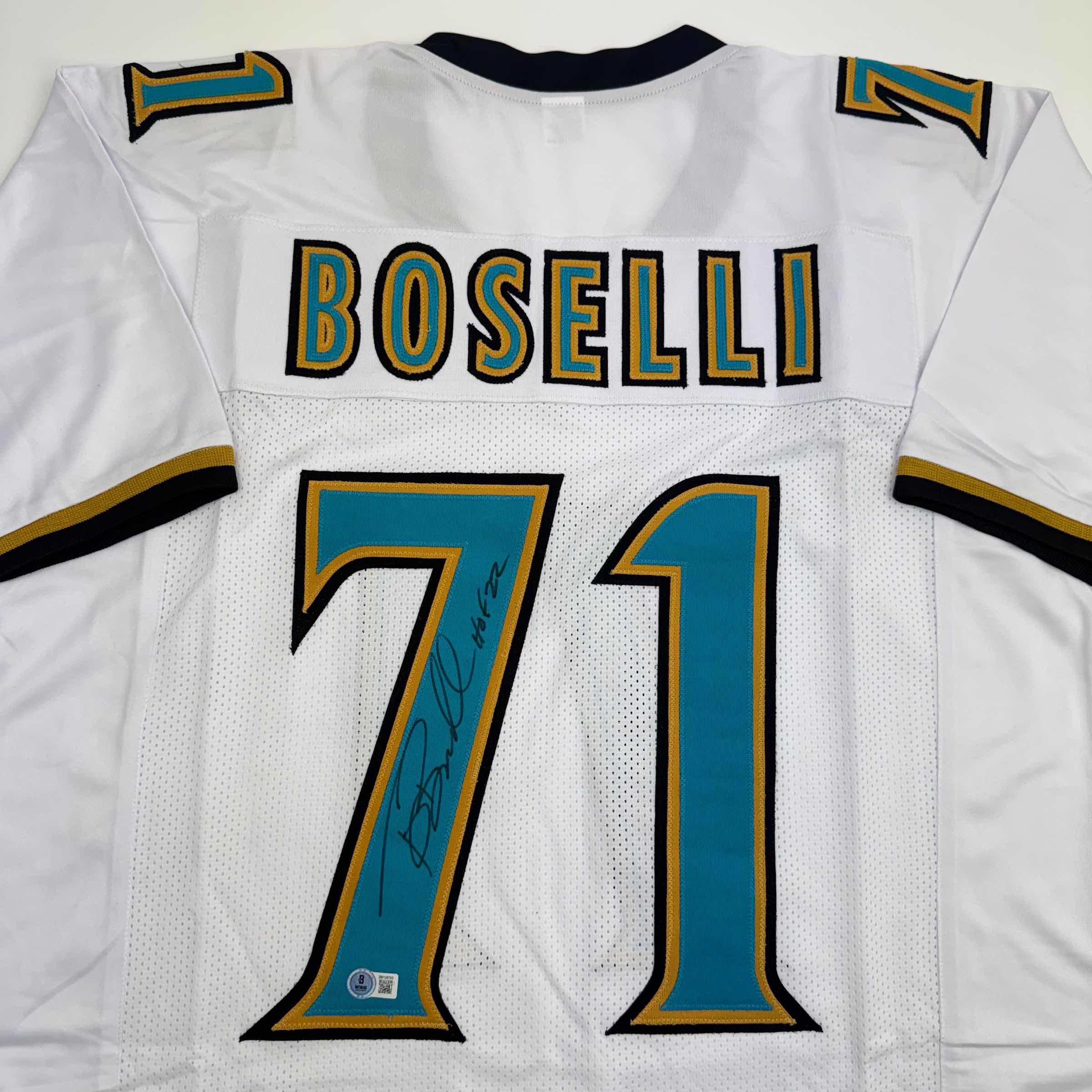 Autographed/Signed Tony Boselli HOF 22 Jacksonville White Football Jersey Beckett BAS COA - Image 2