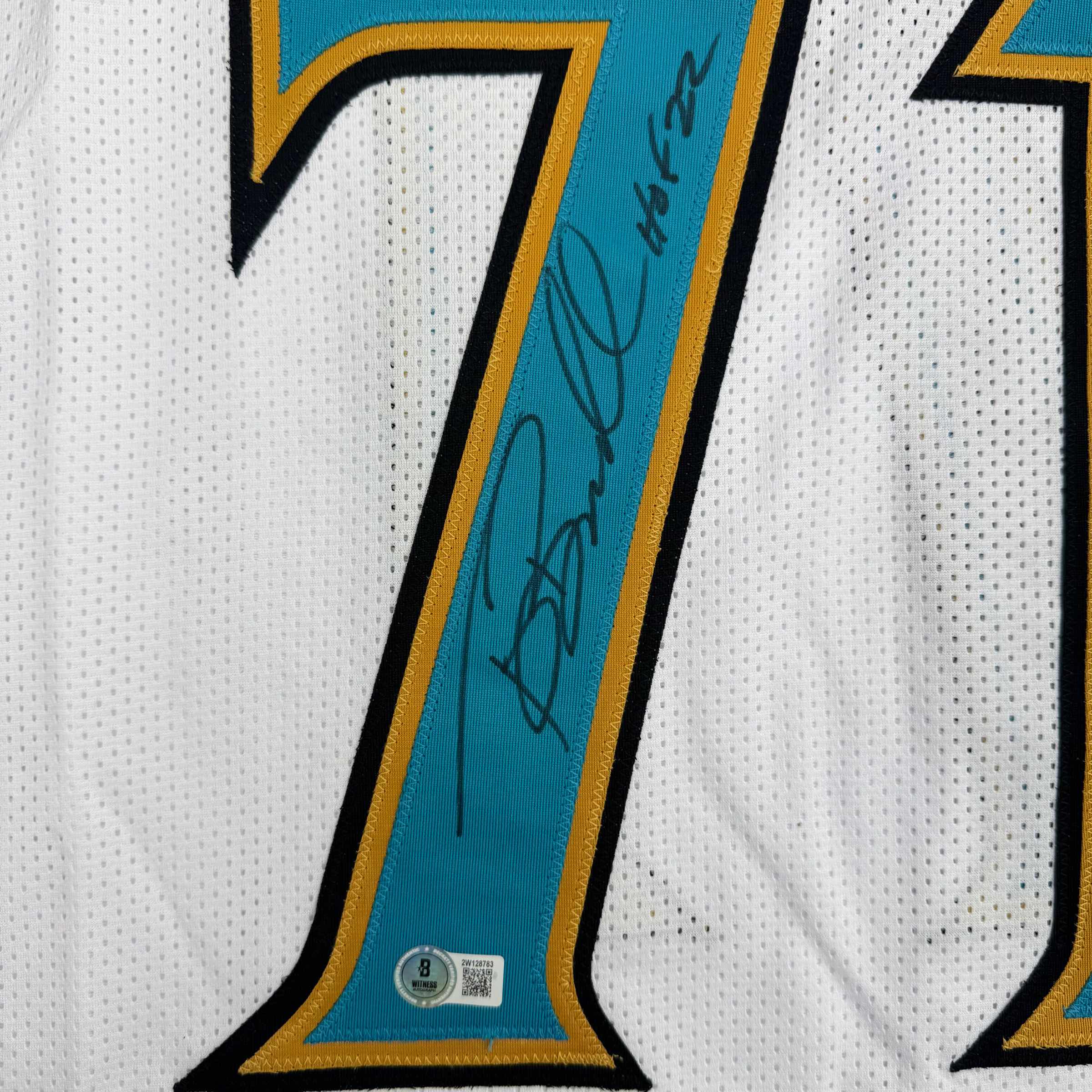 Autographed/Signed Tony Boselli HOF 22 Jacksonville White Football Jersey Beckett BAS COA - Image 3