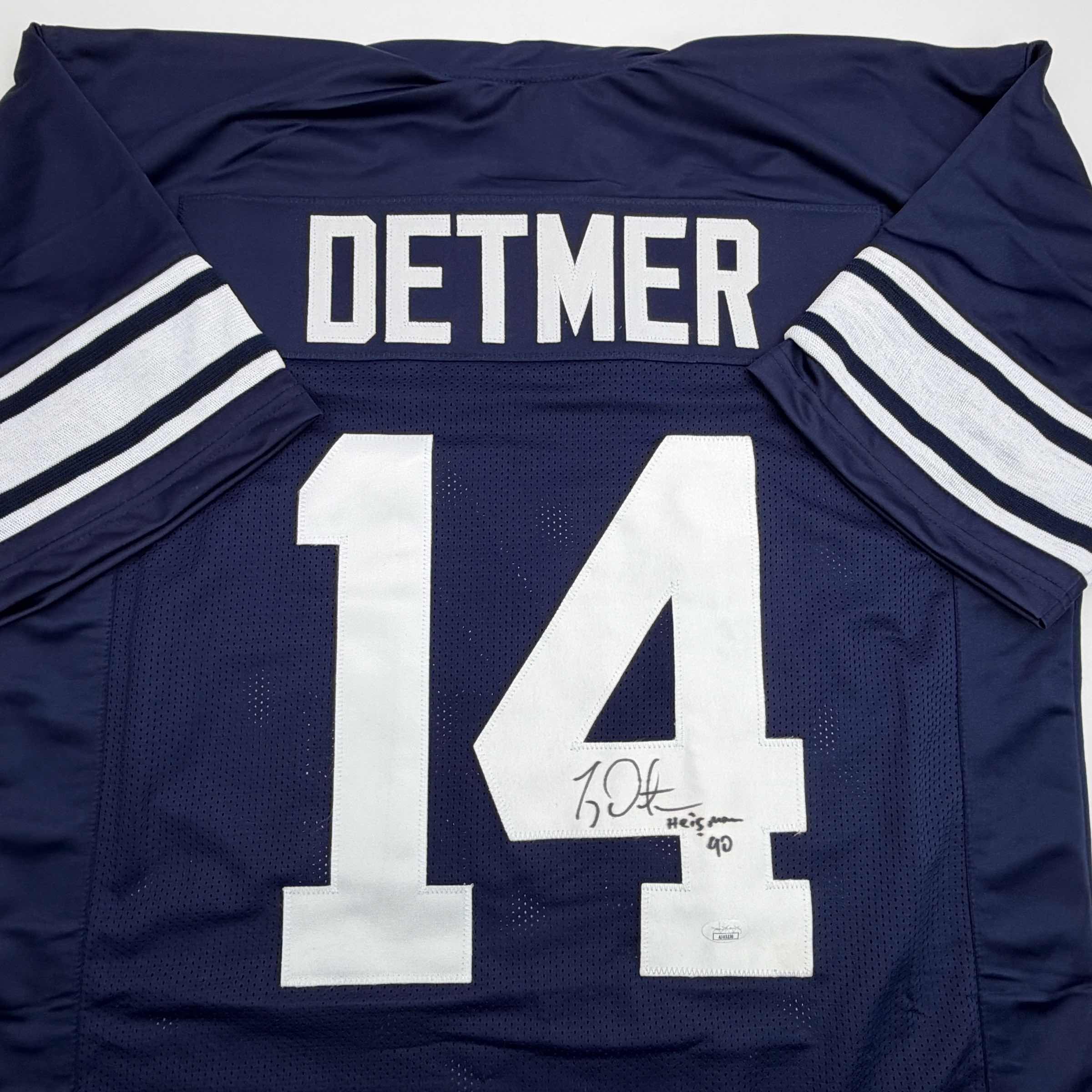 Autographed/Signed Ty Detmer Heisman 90 Brigham Young BYU Blue College Football Jersey JSA COA - Image 2