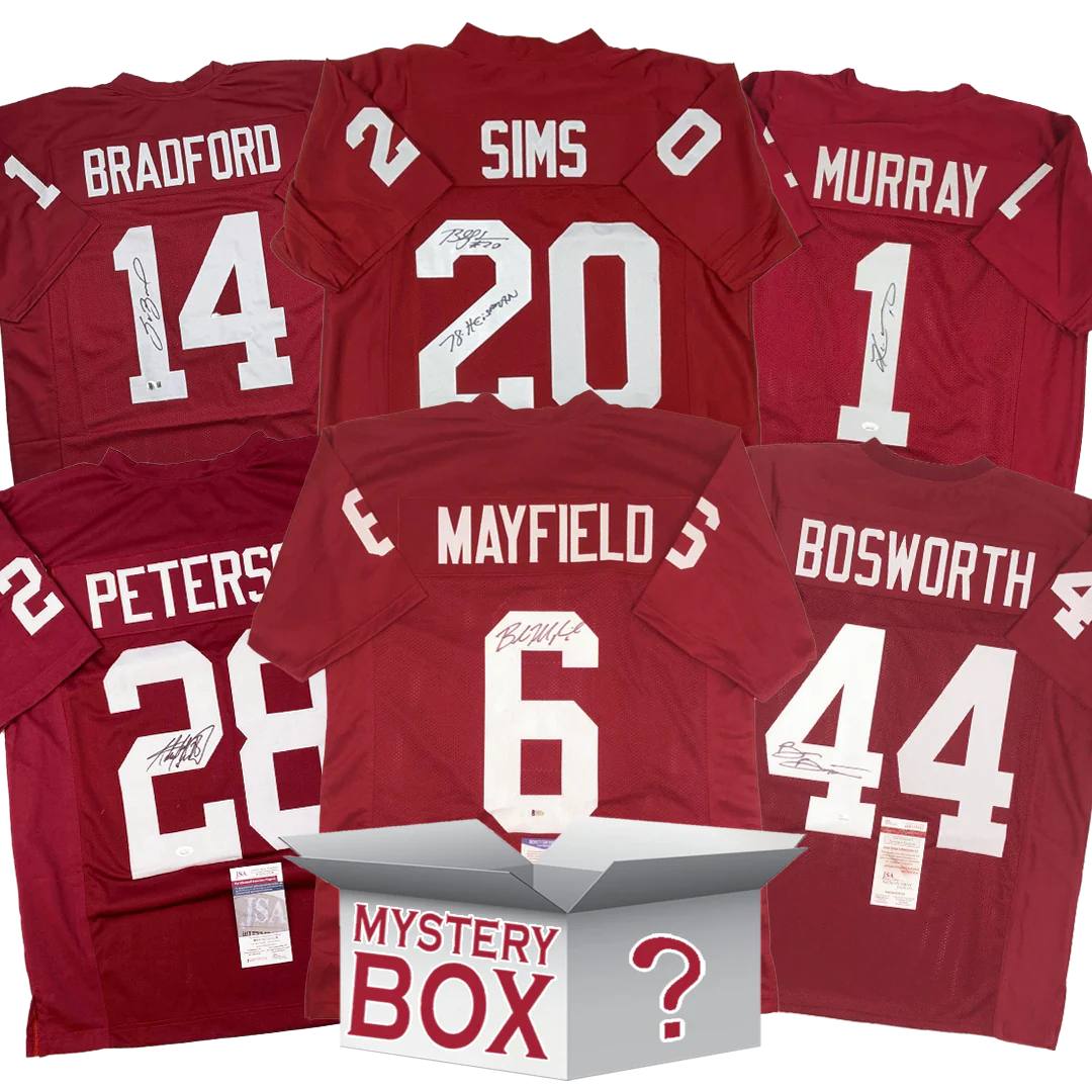 Autographed/Signed University of Oklahoma College Football Jersey Mystery Box with PSA JSA or Beckett COA