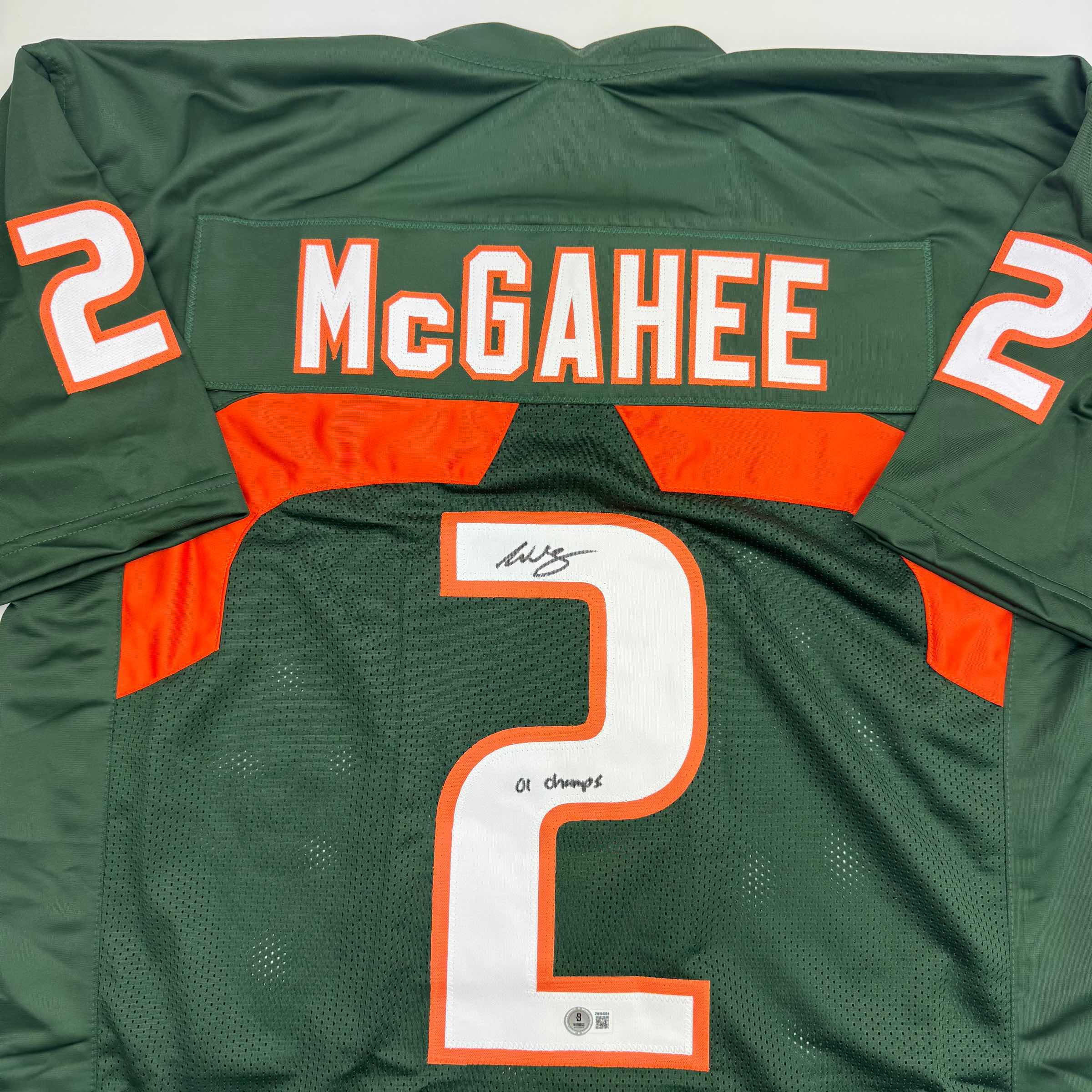 Autographed/Signed Willis McGahee "01 Champs" Miami Green College Football Jersey Beckett BAS COA - Image 2