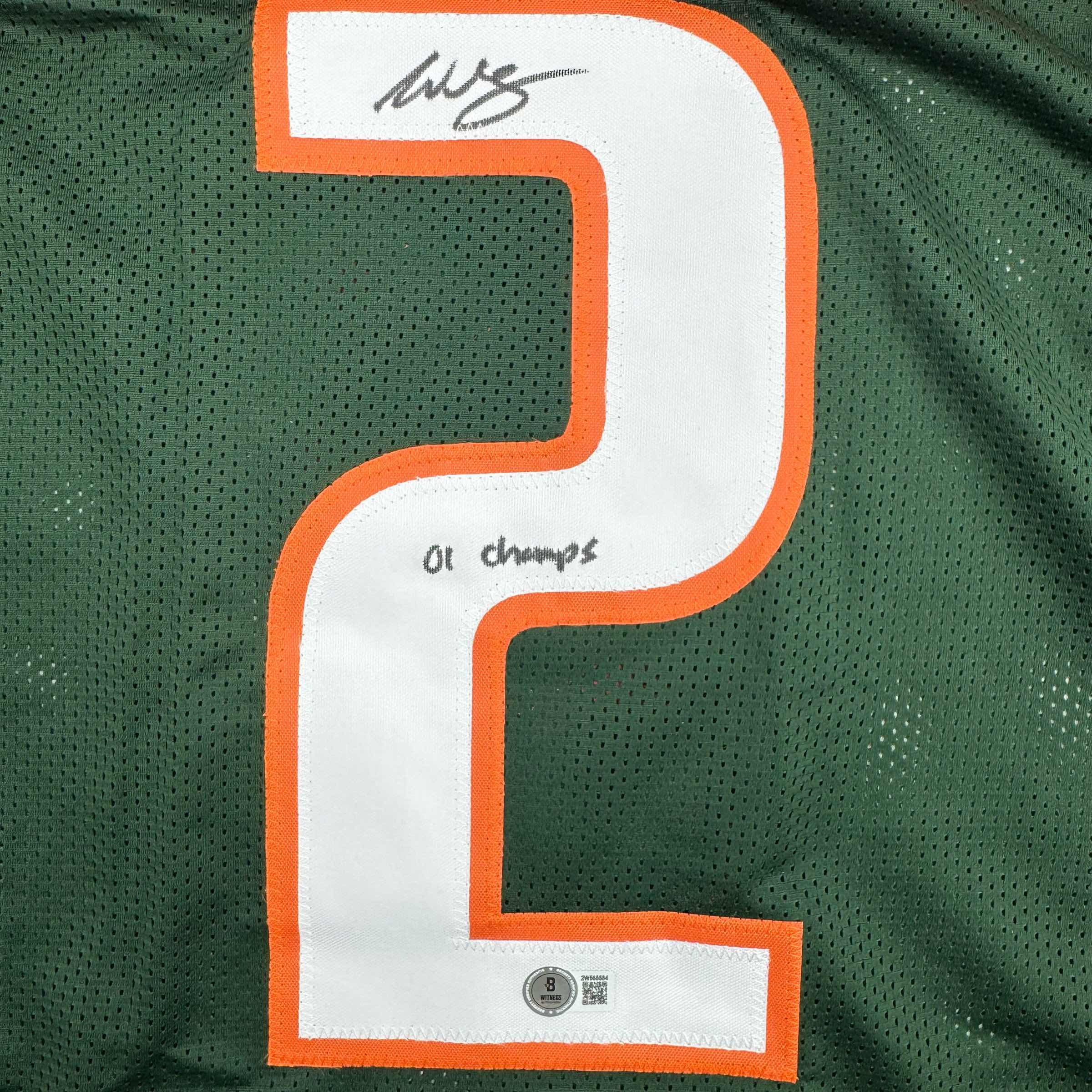 Autographed/Signed Willis McGahee "01 Champs" Miami Green College Football Jersey Beckett BAS COA - Image 3