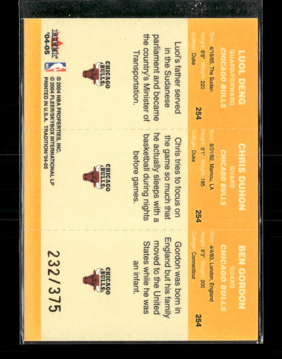 Fleer Tradition Rookies Luol Deng / Chris Duhon / Ben Gordon Rookie #/375 #254 - Image 2