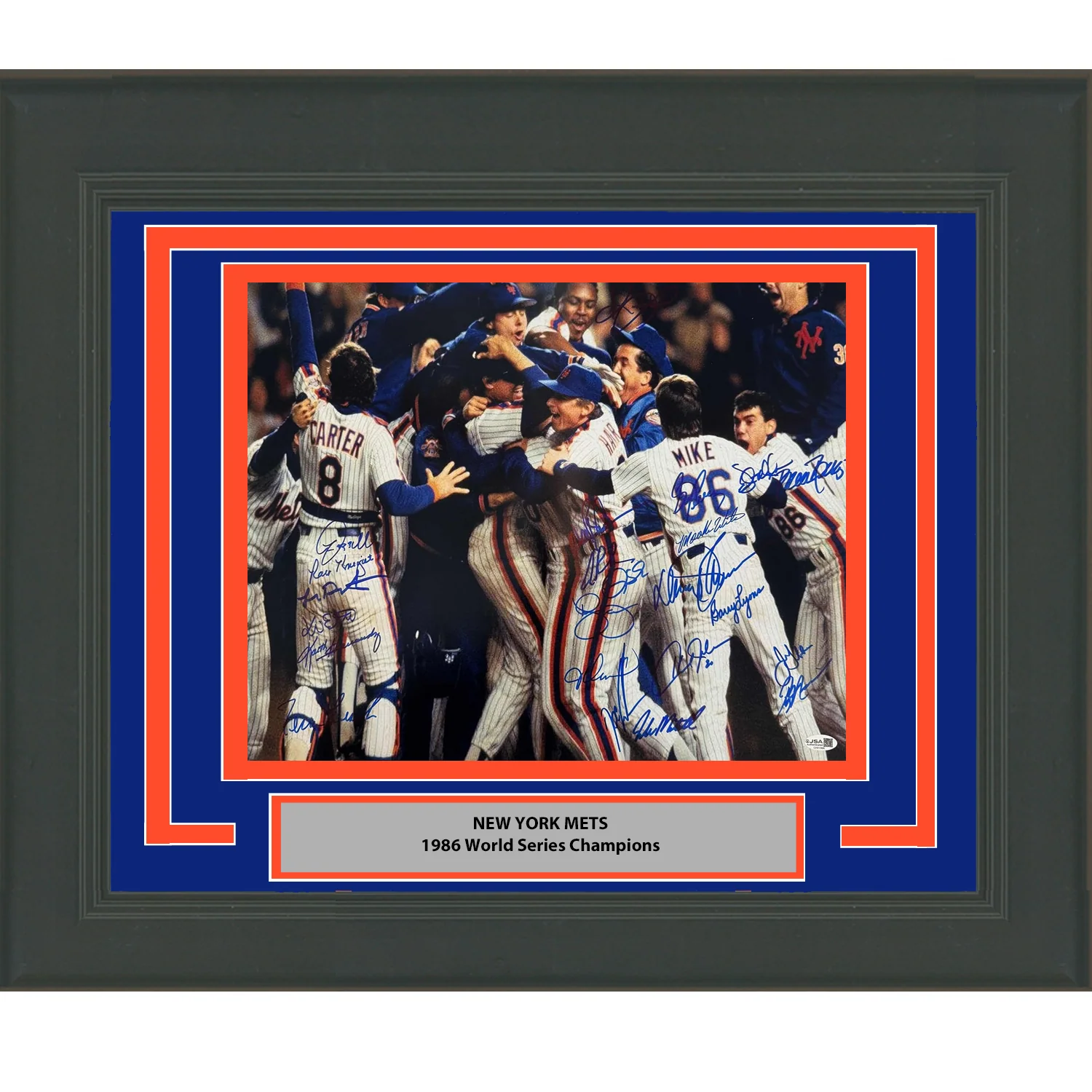 Framed Autographed/Signed 1986 New York Mets Team 26x Sigs World Series Champions 16x20 Baseball Photo JSA COA