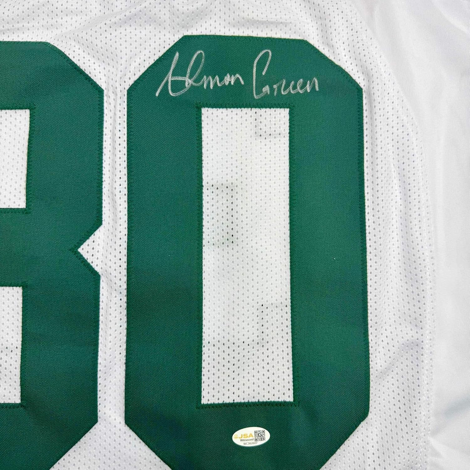 Framed Autographed/Signed Ahman Green 35x39 Green Bay White Football Jersey JSA COA - Image 2
