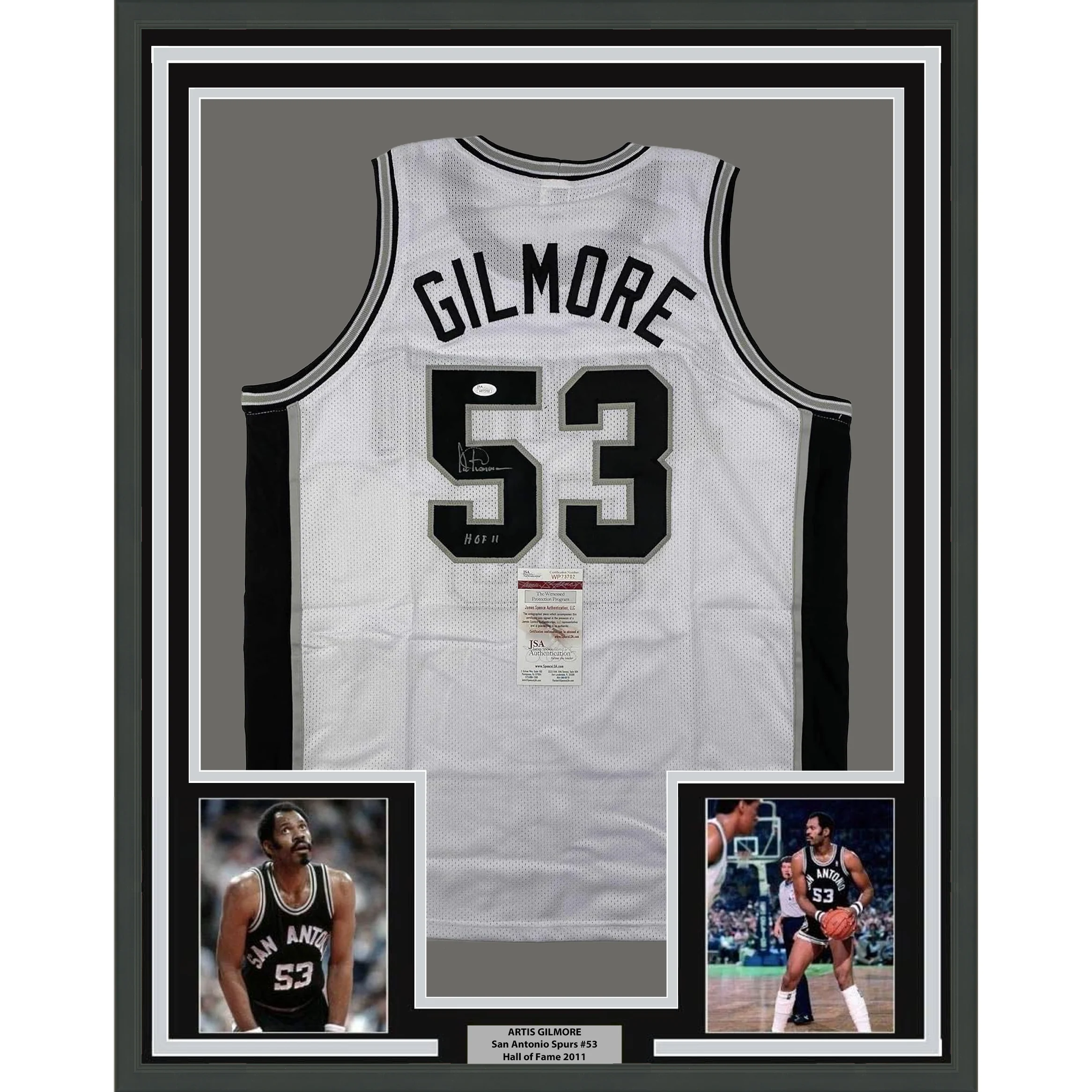 Framed Autographed/Signed Artis Gilmore HOF 11 35x39 San Antonio White Basketball Jersey JSA COA
