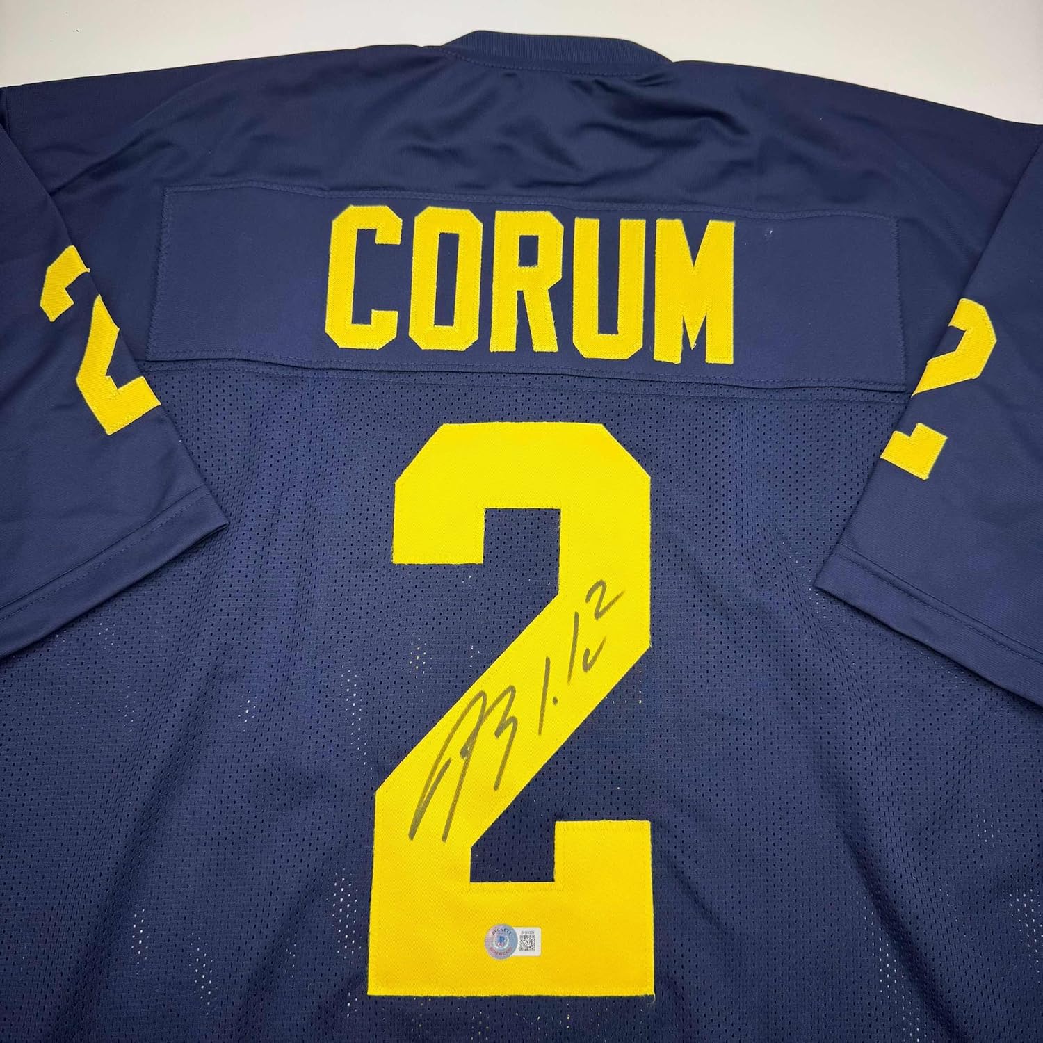 Framed Autographed/Signed Blake Corum Michigan 35x39 Blue Stat College Football Jersey Beckett BAS COA - Image 2
