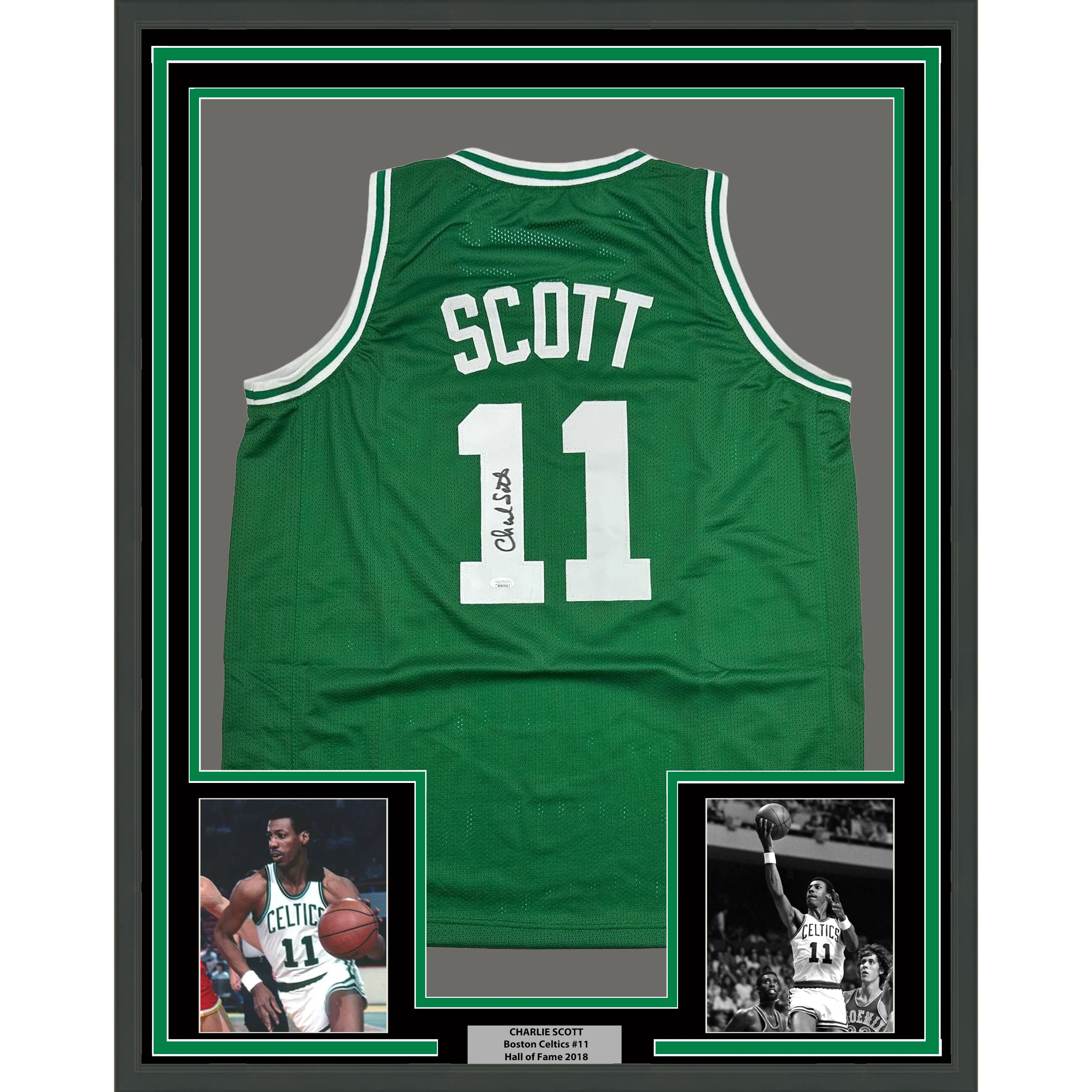 Framed Autographed/Signed Charlie Scott 35x39 Boston Green Basketball Jersey JSA COA