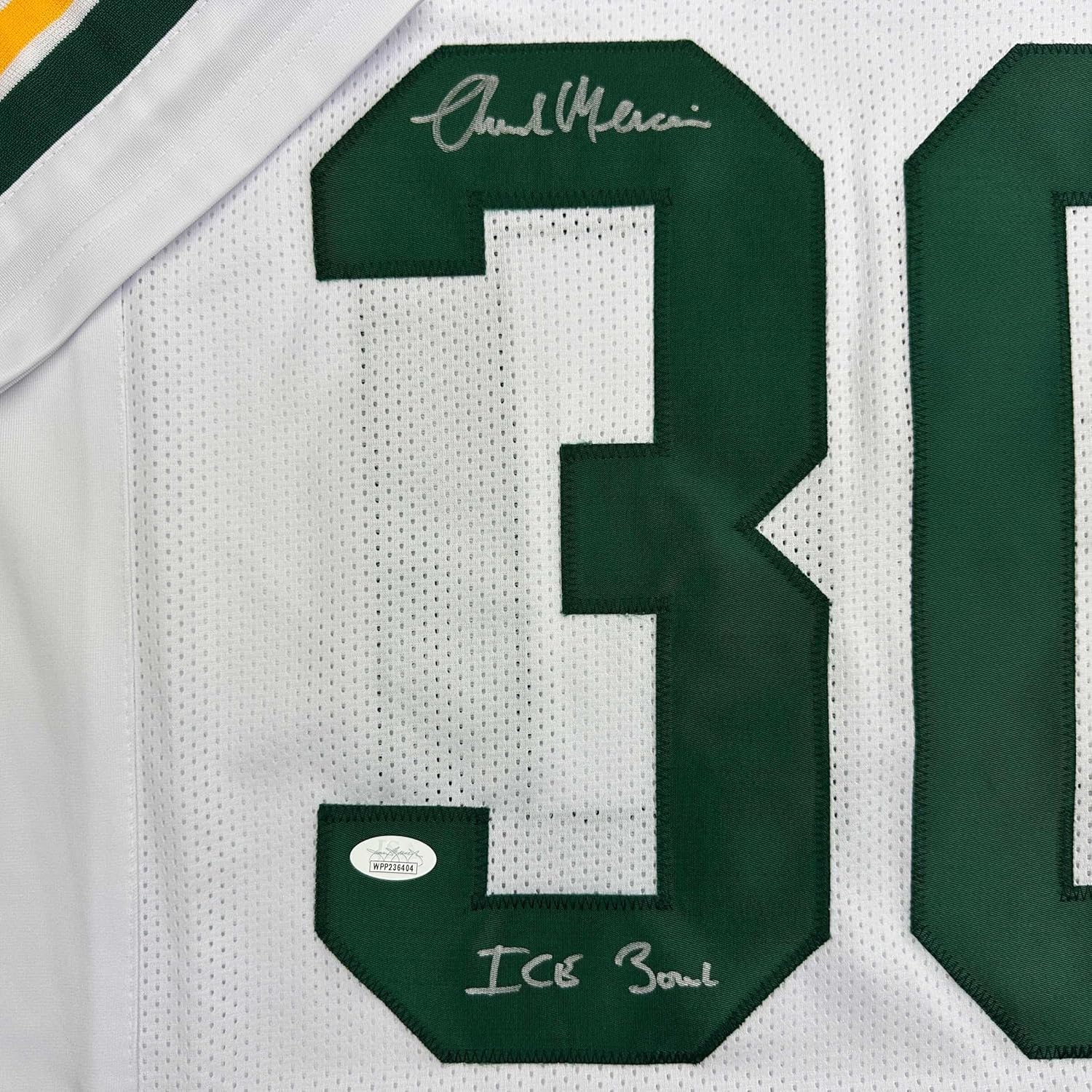 Framed Autographed/Signed Chuck Mercein 35x39 Ice Bowl Green Bay White Football Jersey JSA COA - Image 2