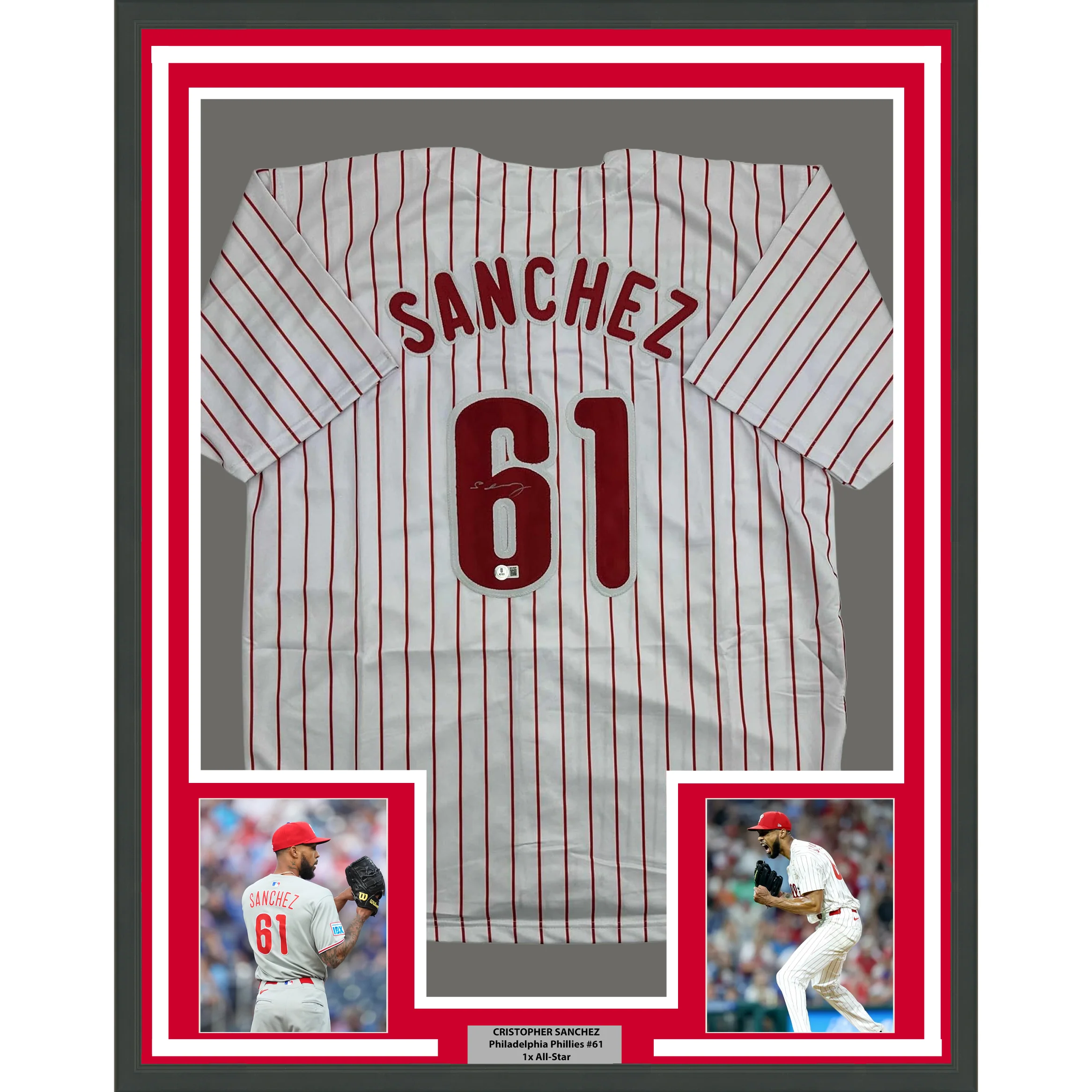 Framed Autographed/Signed Cristopher Sanchez 35x39 Philadelphia Pinstripe Baseball Jersey Beckett BAS COA