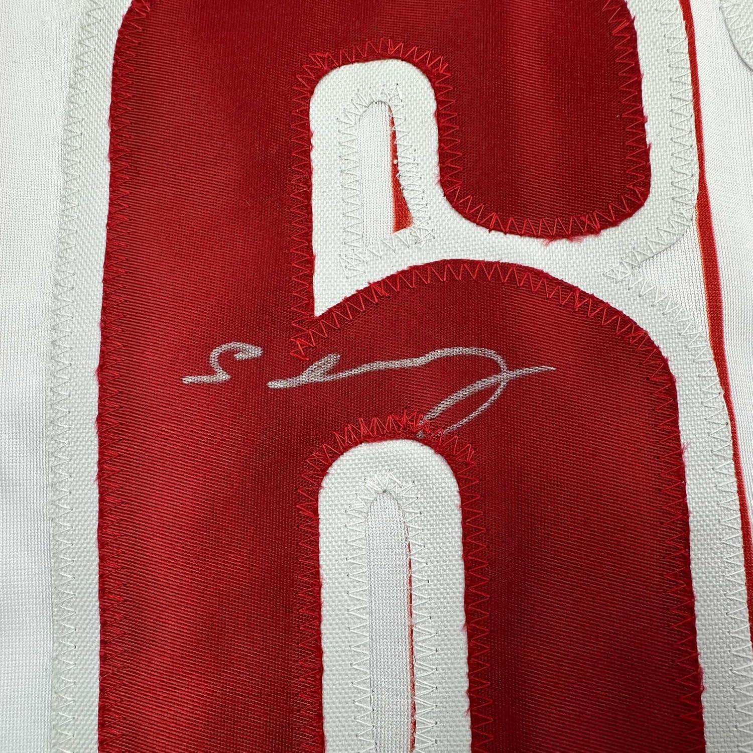 Framed Autographed/Signed Cristopher Sanchez 35x39 Philadelphia Pinstripe Baseball Jersey Beckett BAS COA - Image 2