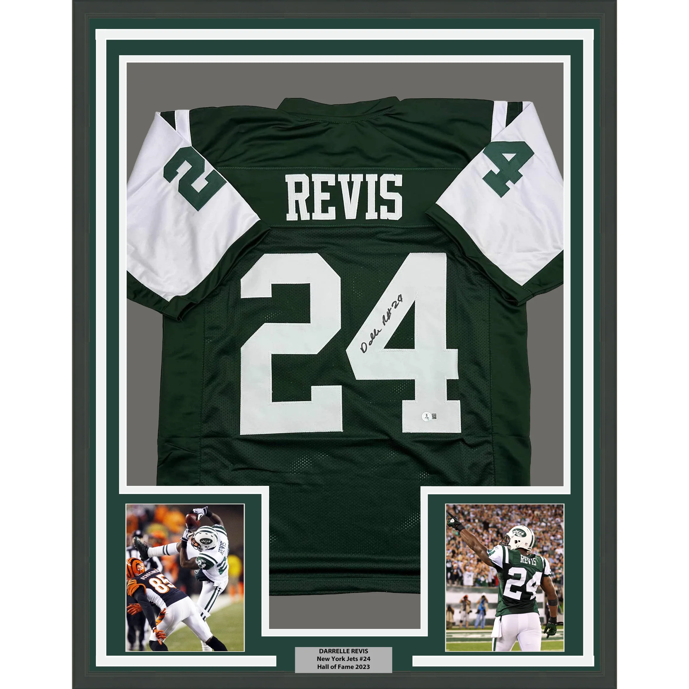 Framed Autographed/Signed Darrelle Revis 35x39 New York Green Football Jersey Beckett BAS COA