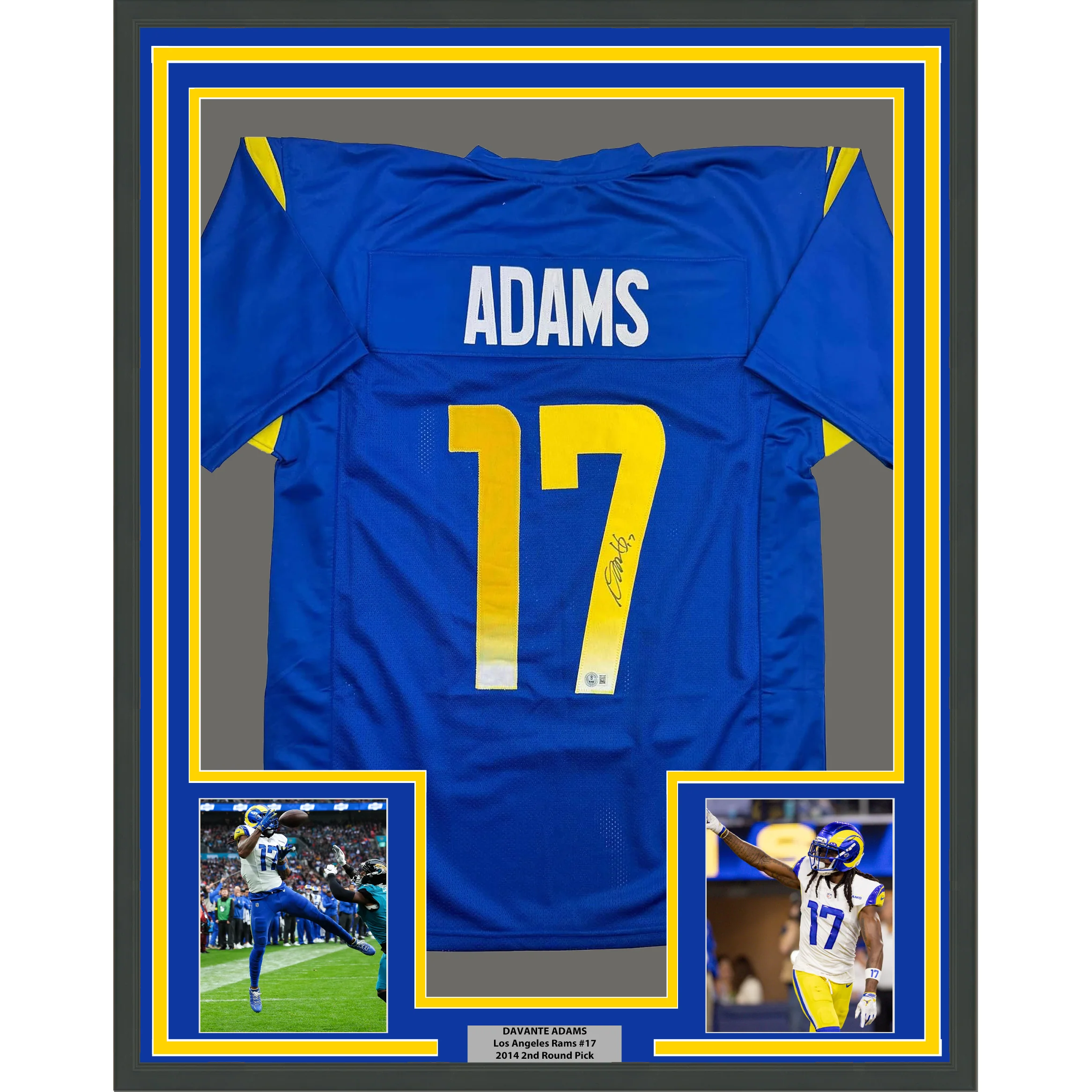 Framed Autographed/Signed Davante Admas 35x39 Los Angeles LA Blue Football Jersey Beckett BAS COA