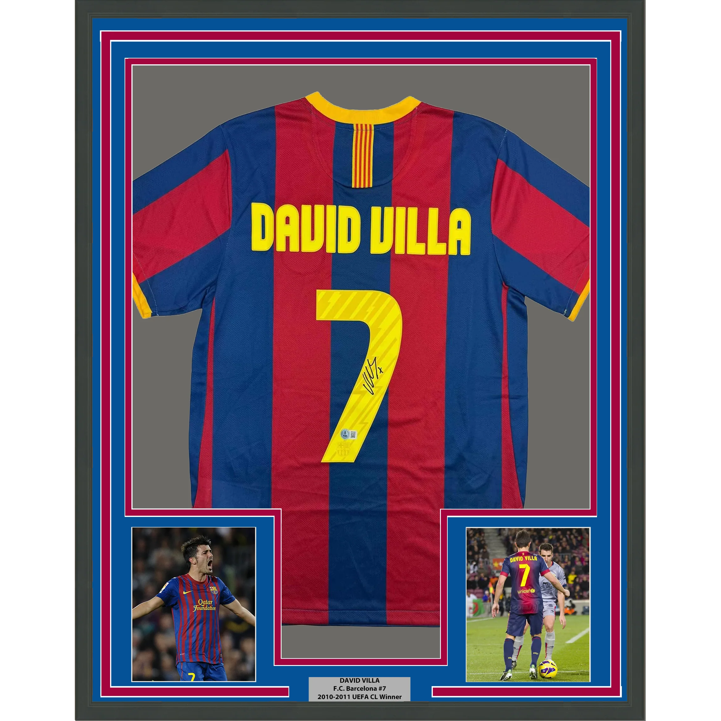 Framed Autographed/Signed David Villa 35x39 FC Barcelona Blue Soccer Jersey Beckett BAS COA