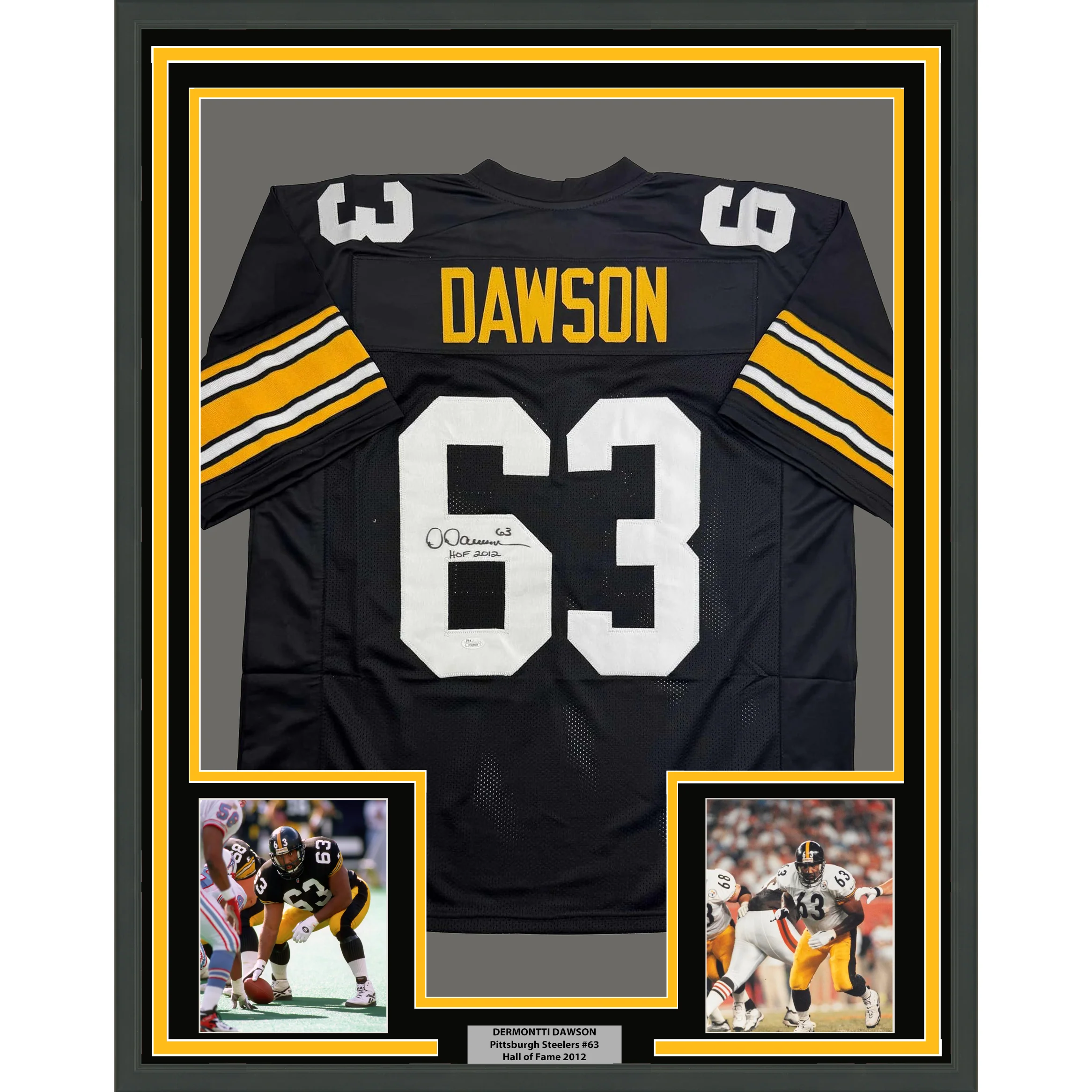 Framed Autographed/Signed Dermontti Dawson HOF 12 35x39 Pittsburgh Black Football Jersey JSA COA