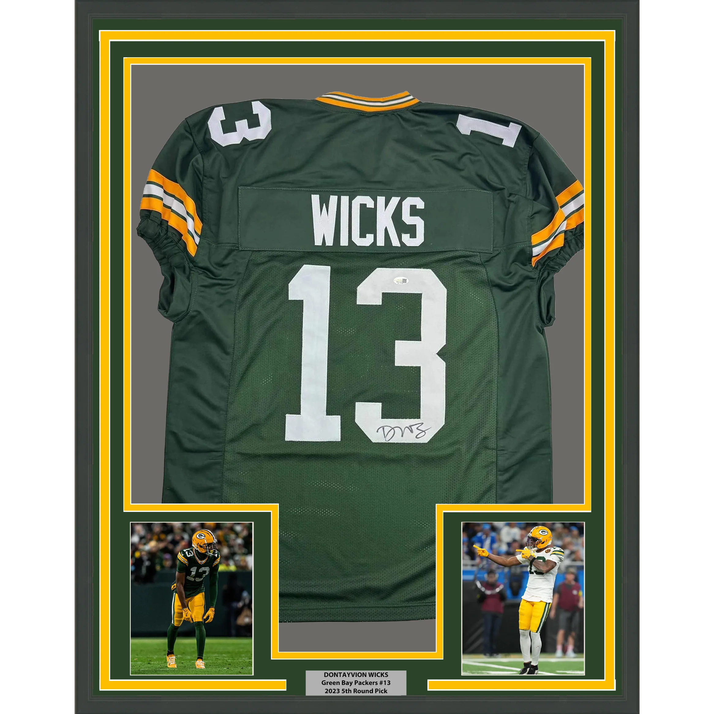 Framed Autographed/Signed Dontayvion Wicks 35x39 Green Bay Green Football Jersey JSA COA