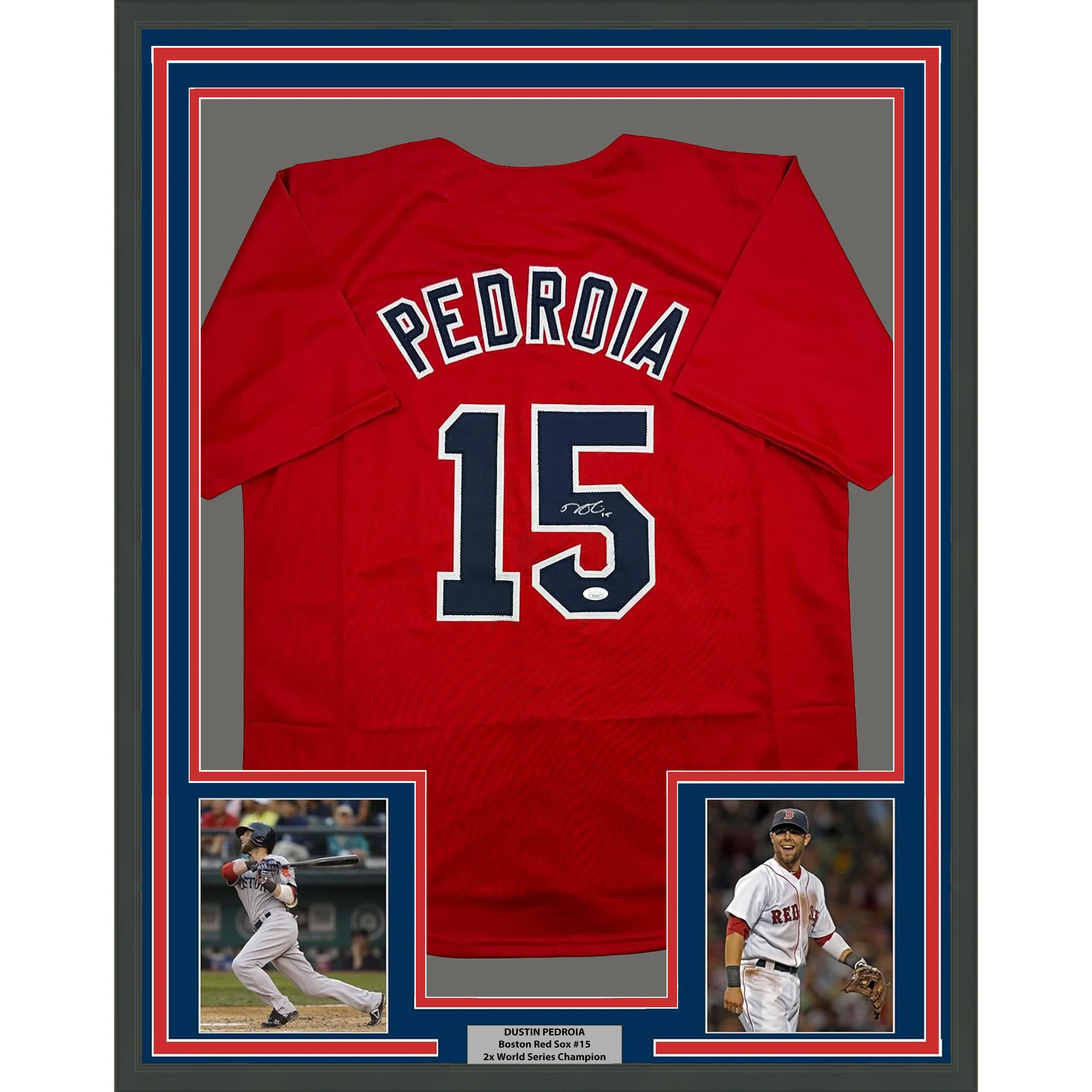 Framed Autographed/Signed Dustin Pedroia 35x39 Boston Red Baseball Jersey JSA COA