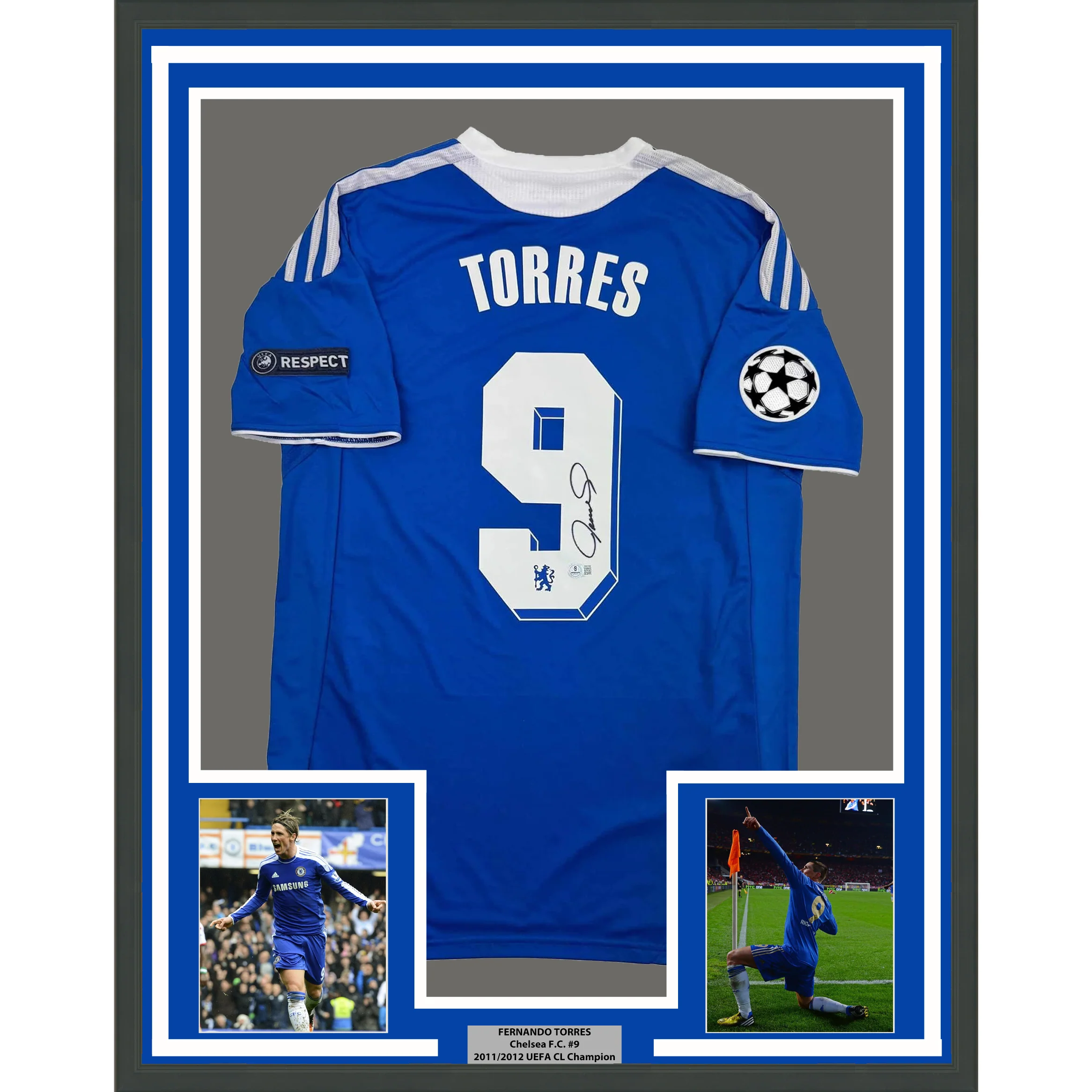 Framed Autographed/Signed Fernando Torres 35x39 Chelsea FC Blue Soccer Futbol Jersey Beckett BAS COA