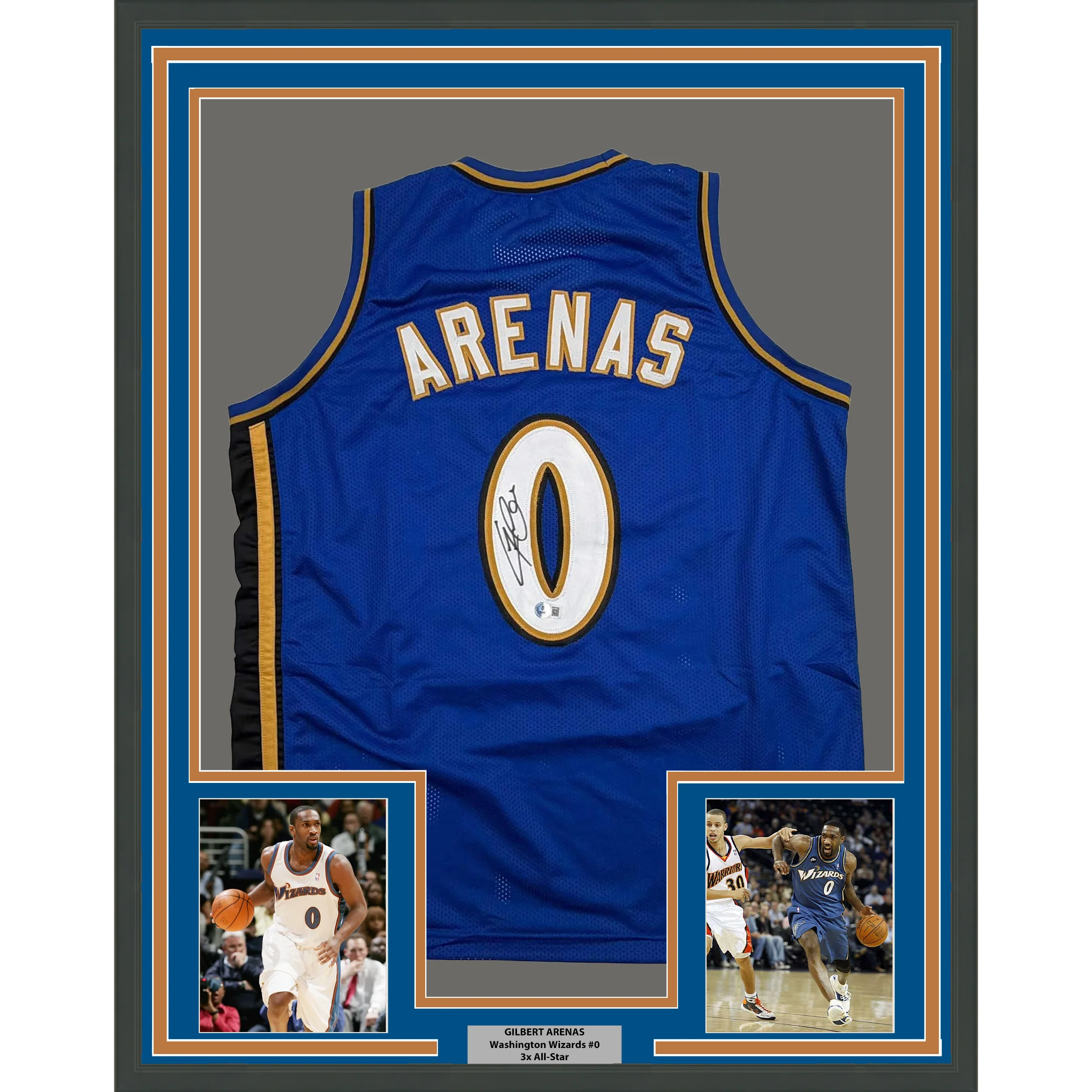 Framed Autographed/Signed Gilbert Arenas 35x39 Washington Blue Basketball Jersey Beckett BAS COA
