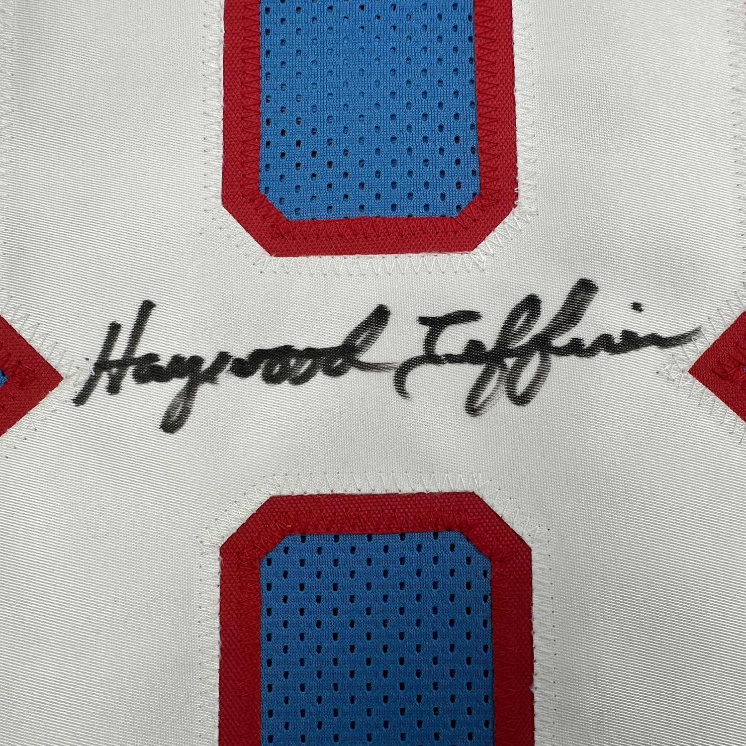 Framed Autographed/Signed Haywood Jeffires 35x39 Tennessee Retro Light Blue Football Jersey JSA COA - Image 2