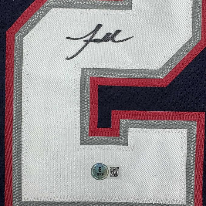 Framed Autographed/Signed Jaylinn Hawkins 35x39 New England Blue Football Jersey Beckett BAS COA - Image 2