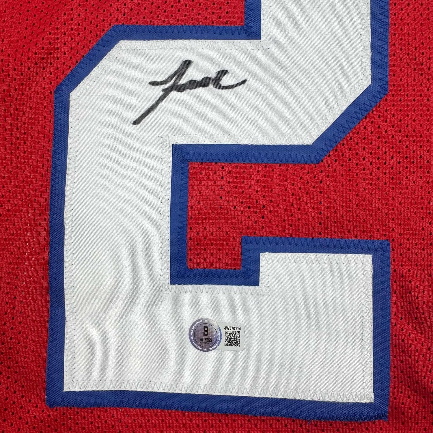 Framed Autographed/Signed Jaylinn Hawkins 35x39 New England Red Football Jersey Beckett BAS COA - Image 2