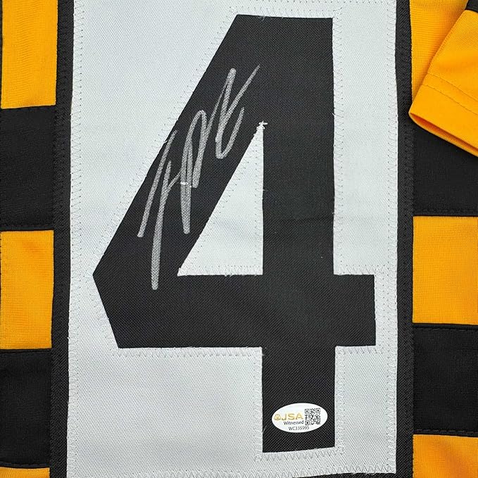 Framed Autographed/Signed Joey Porter Jr. 35x39 Pittsburgh Bumble Bee Football Jersey JSA COA - Image 2
