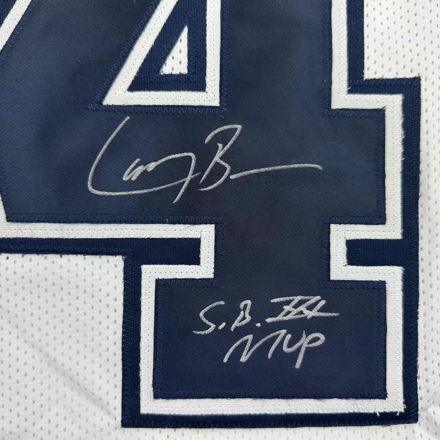Framed Autographed/Signed Larry Brown 35x39 Super Bowl XXX MVP Dallas White Color Rush Football Jersey JSA COA - Image 2