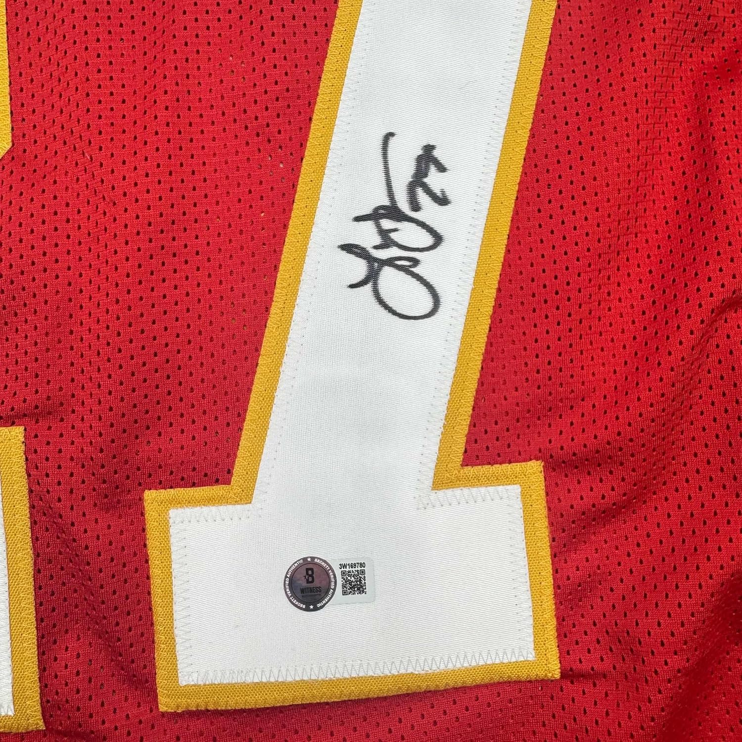 Framed Autographed/Signed Larry Johnson 35x39 Kansas City Red Football Jersey Beckett BAS COA - Image 2
