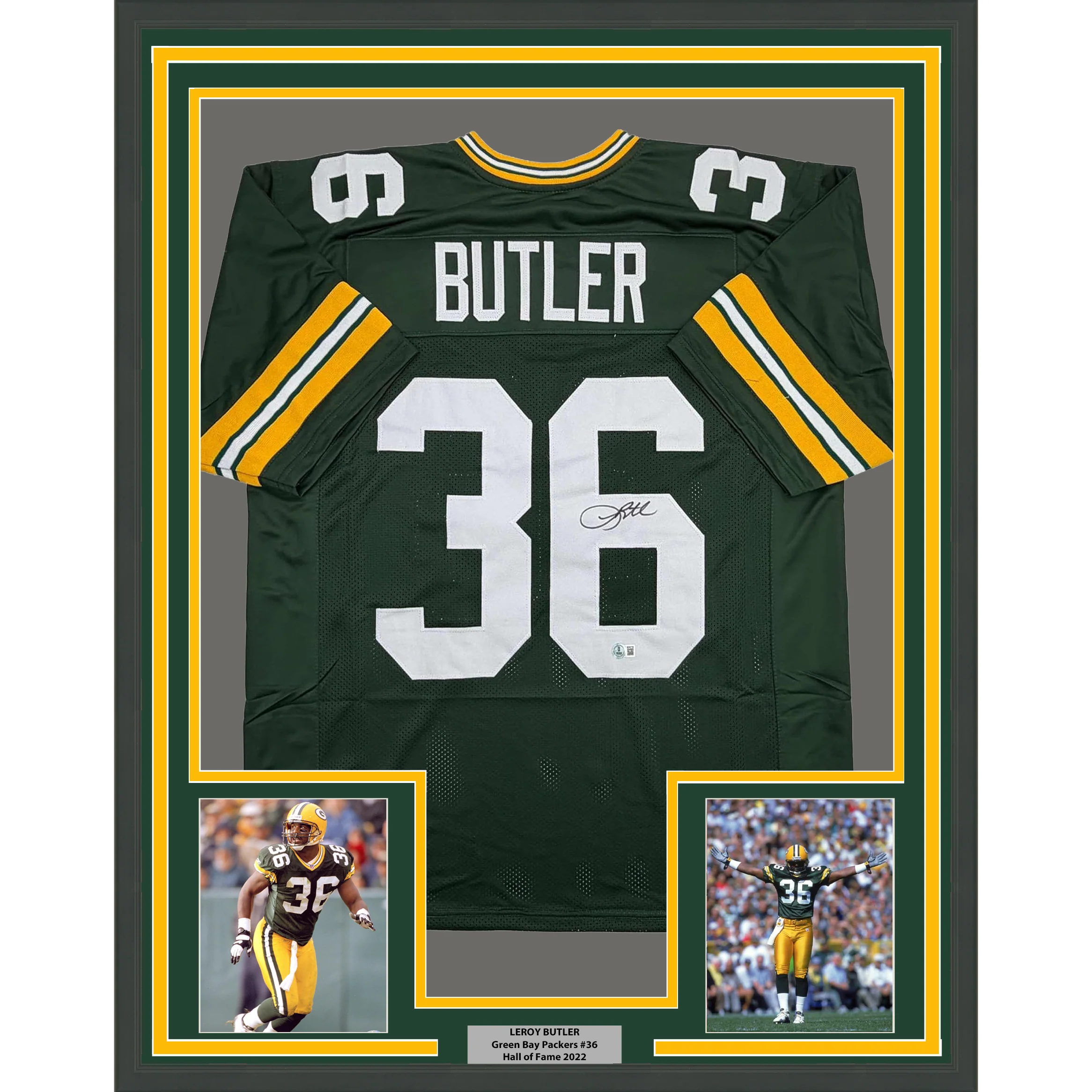 Framed Autographed/Signed Leroy Butler 35x39 Green Bay Green Football Jersey Beckett BAS COA