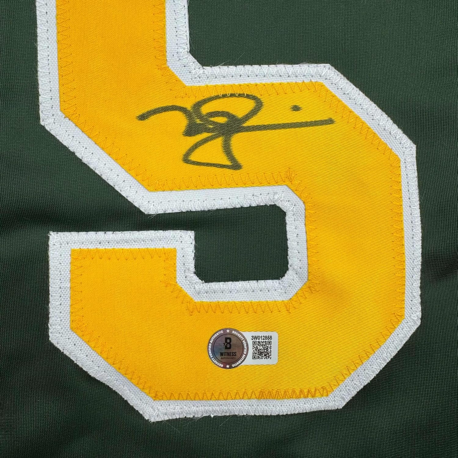 Framed Autographed/Signed Mark McGwire 35x39 Oakland Green Baseball Jersey Beckett BAS COA - Image 2