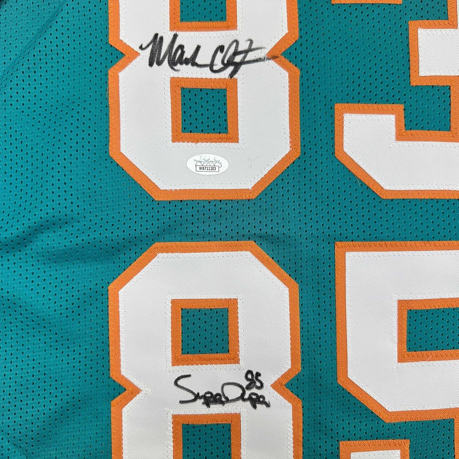 Framed Autographed/Signed Marks Brothers Mark Clayton & Mark Duper 35x39 Miami Teal Football Jersey JSA COA - Image 2