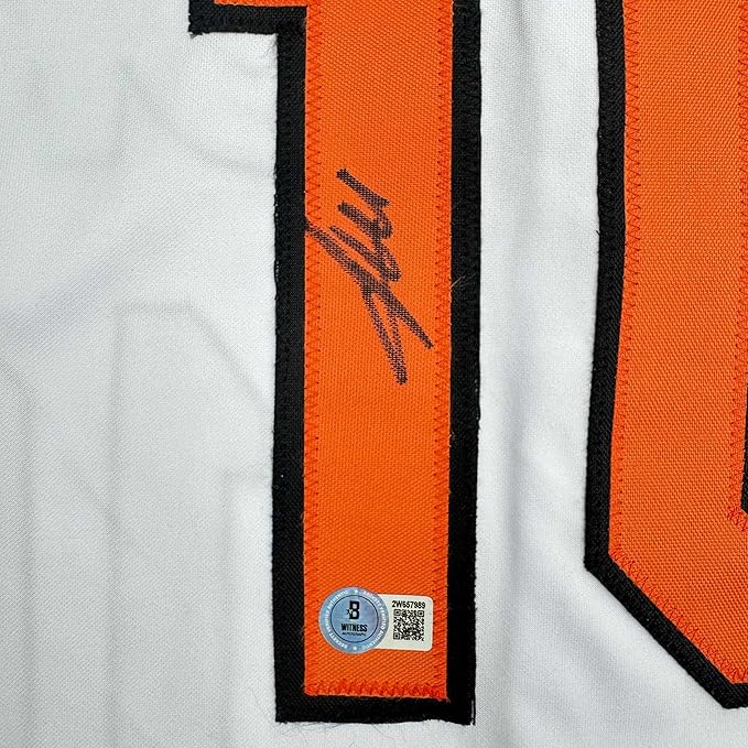 Framed Autographed/Signed Miguel Tejada 35x39 Baltimore White Baseball Jersey Beckett BAS COA - Image 2