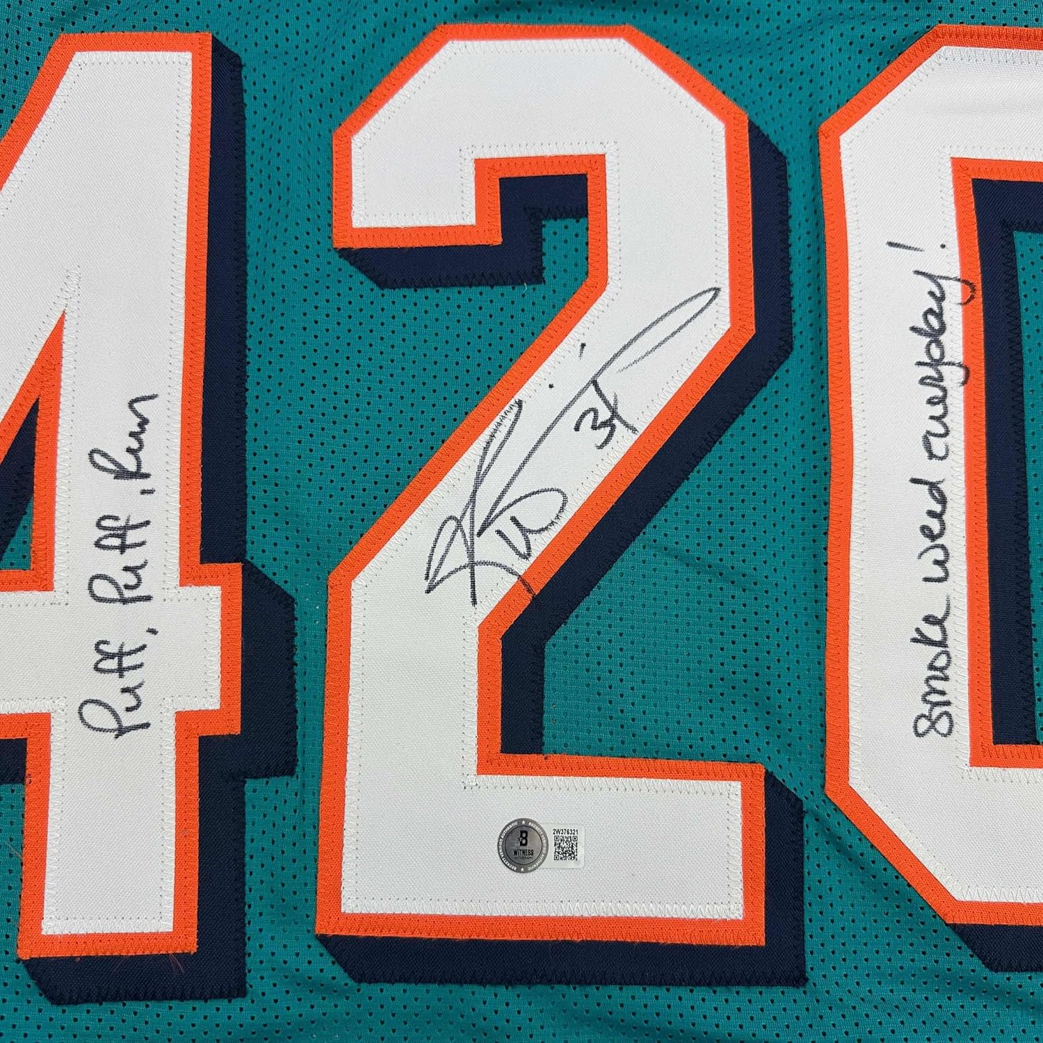 Framed Autographed/Signed Ricky Williams 35x39 Smoke Weed Everyday Puff Puff Run #420 Inscribed Miami Teal Football Jersey Beckett BAS COA - Image 2