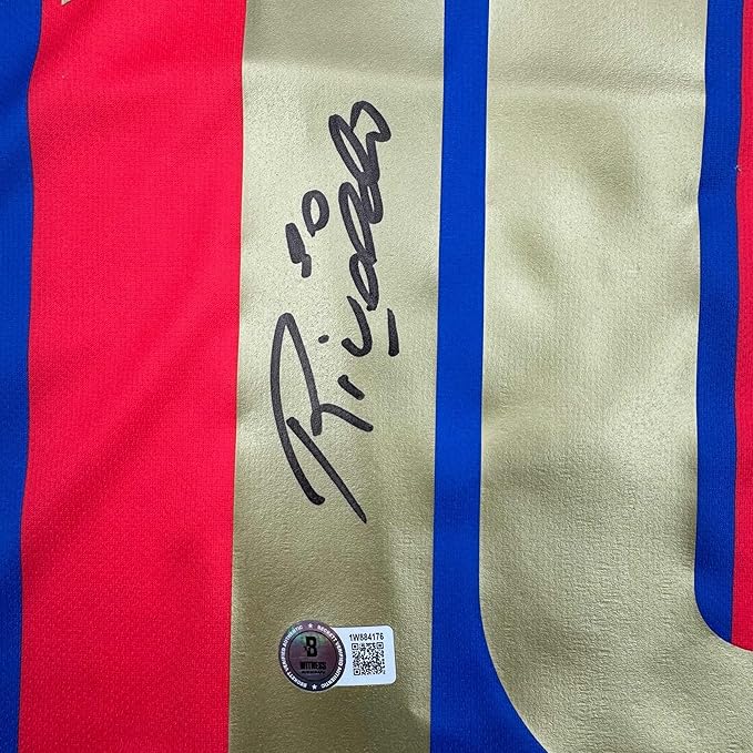 Framed Autographed/Signed Rivaldo 35x39 Ferreira FC Barcelona Blue Soccer Jersey Beckett BAS COA - Image 2