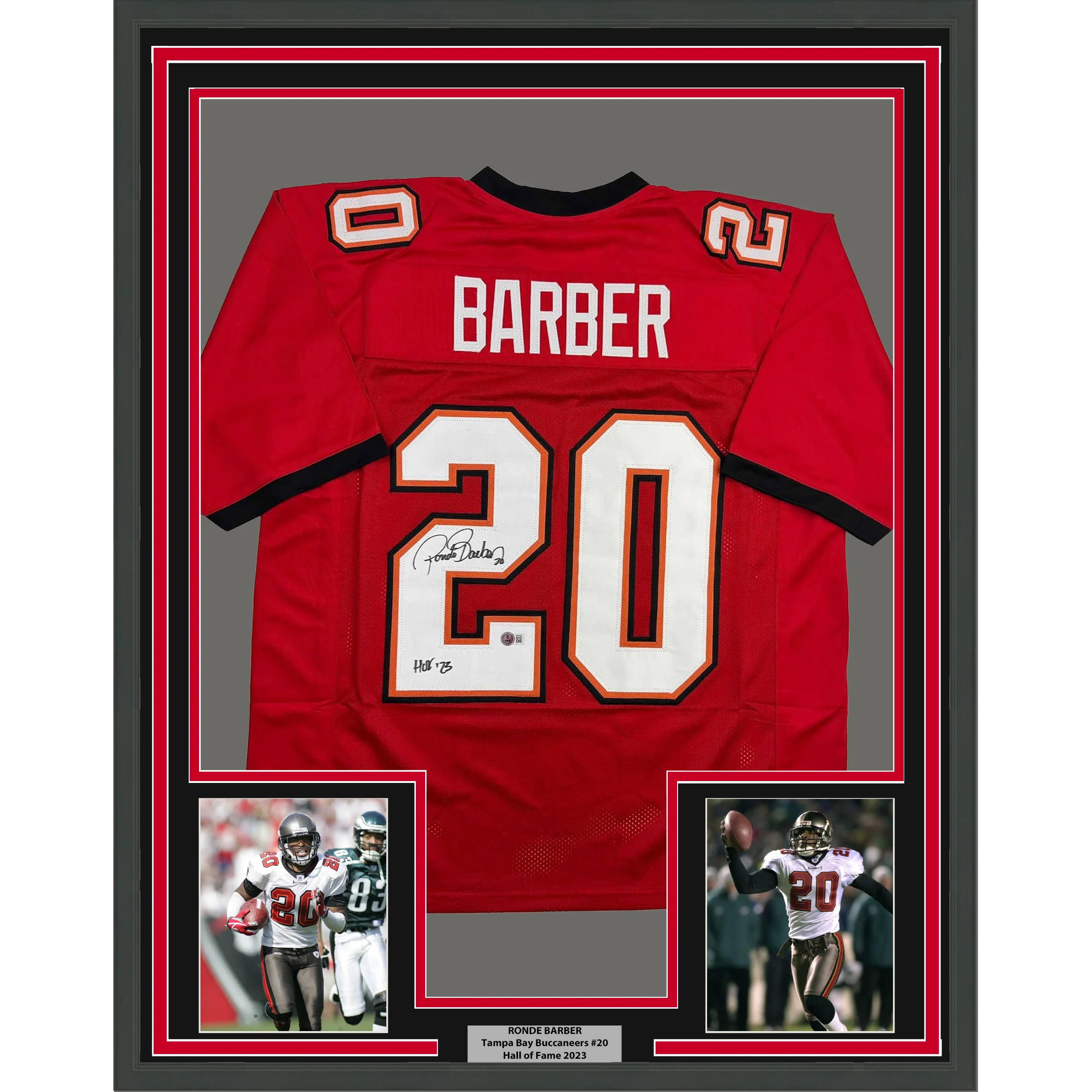 Framed Autographed/Signed Ronde Barber HOF 23 35x39 Tampa Bay Red Football Jersey Beckett BAS COA