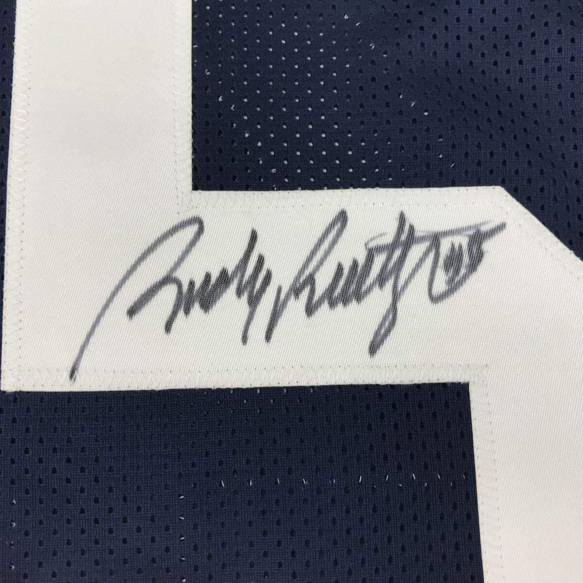 Framed Autographed/Signed Rudy Ruettiger 35x39 Notre Dame Blue Stat College Football Jersey JSA COA - Image 2