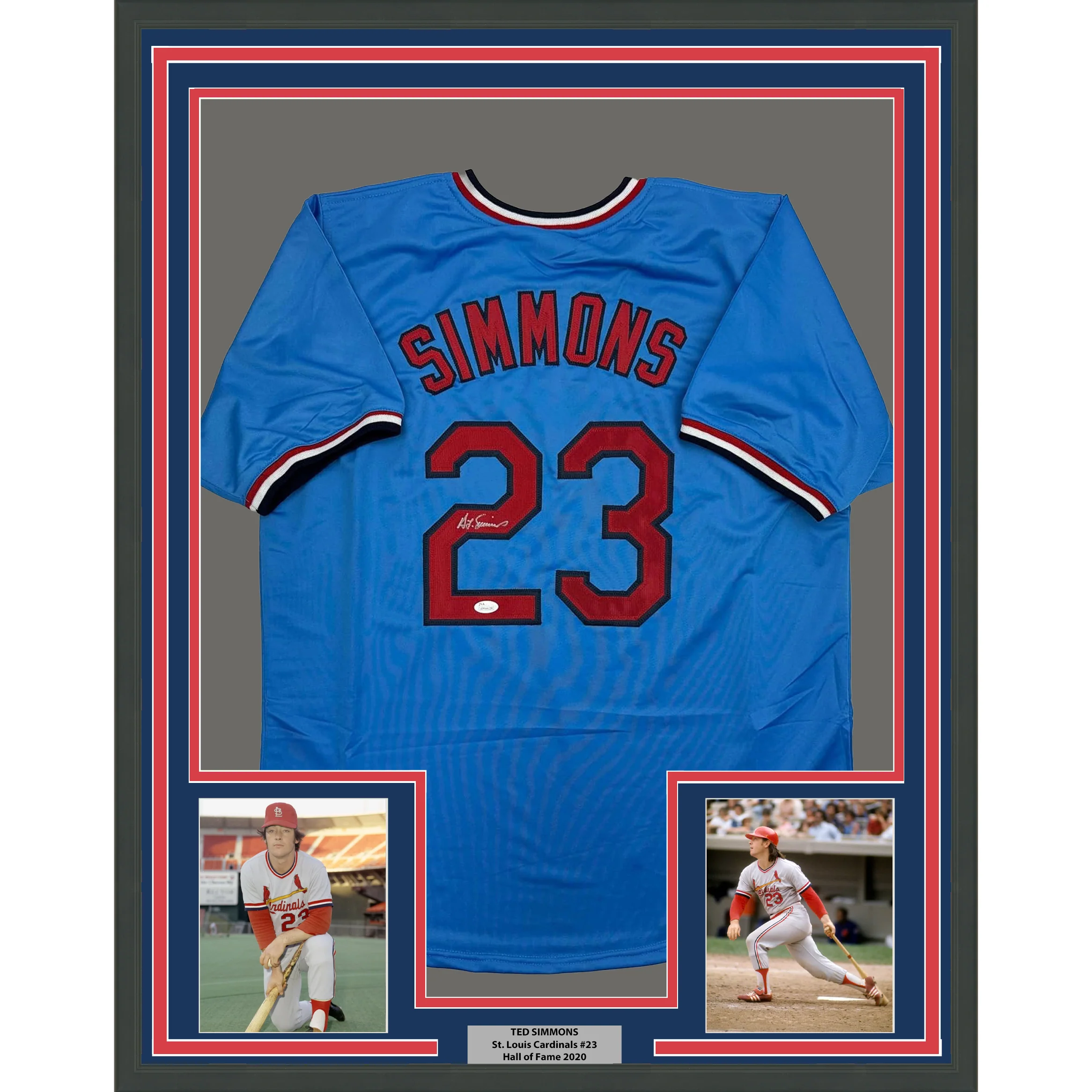 Framed Autographed/Signed Ted Simmons 35x39 St. Louis Blue Baseball Jersey JSA COA