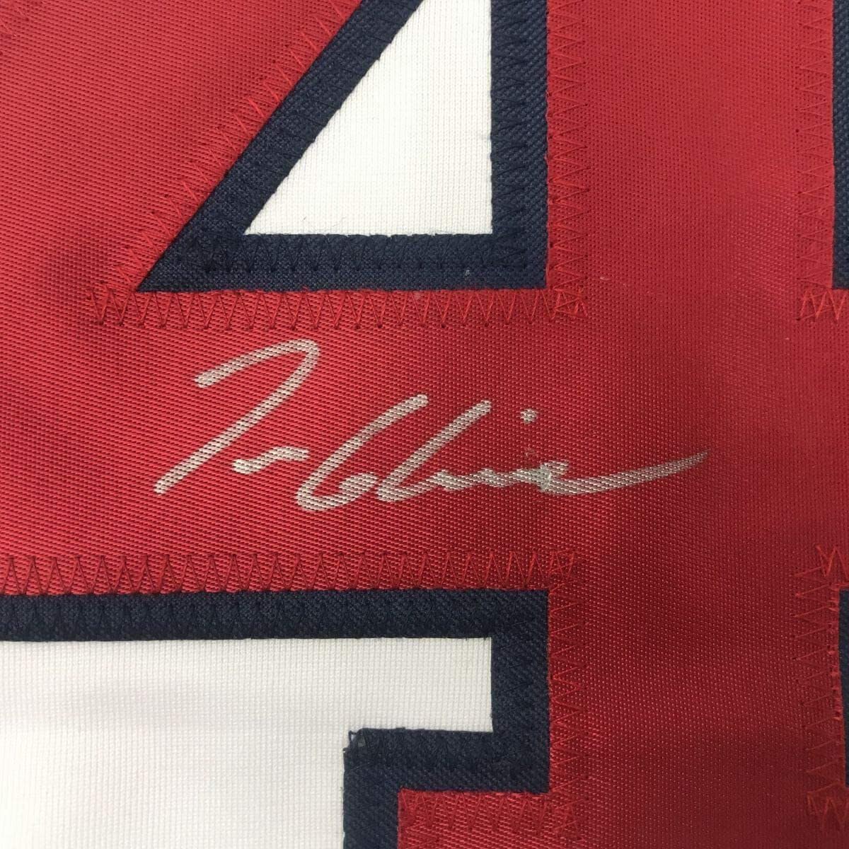 Framed Autographed/Signed Tom Glavine 35x39 Atlanta White Stat Baseball Jersey JSA COA - Image 2