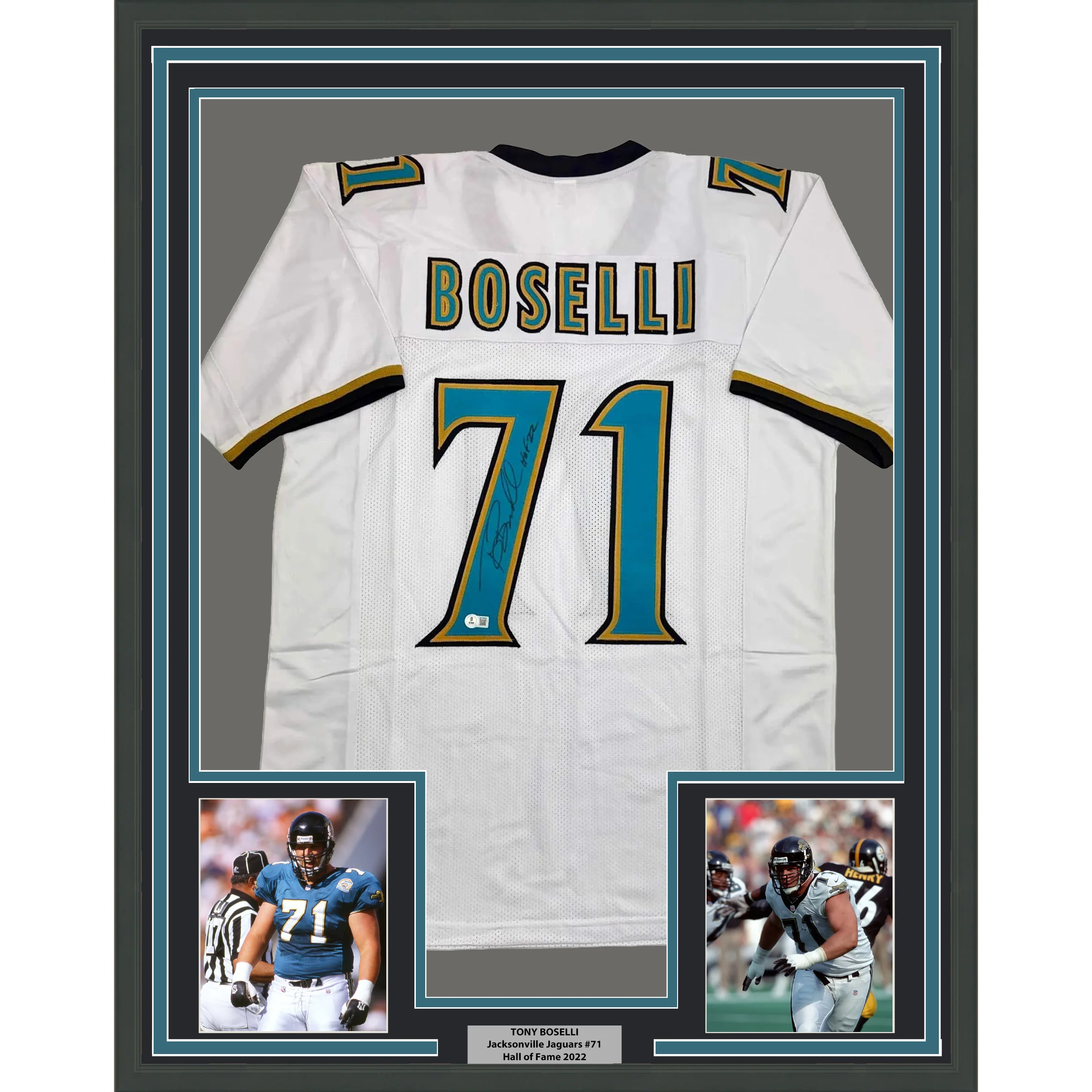 Framed Autographed/Signed Tony Boselli 35x39 HOF 22 Jacksonville White Football Jersey Beckett BAS COA