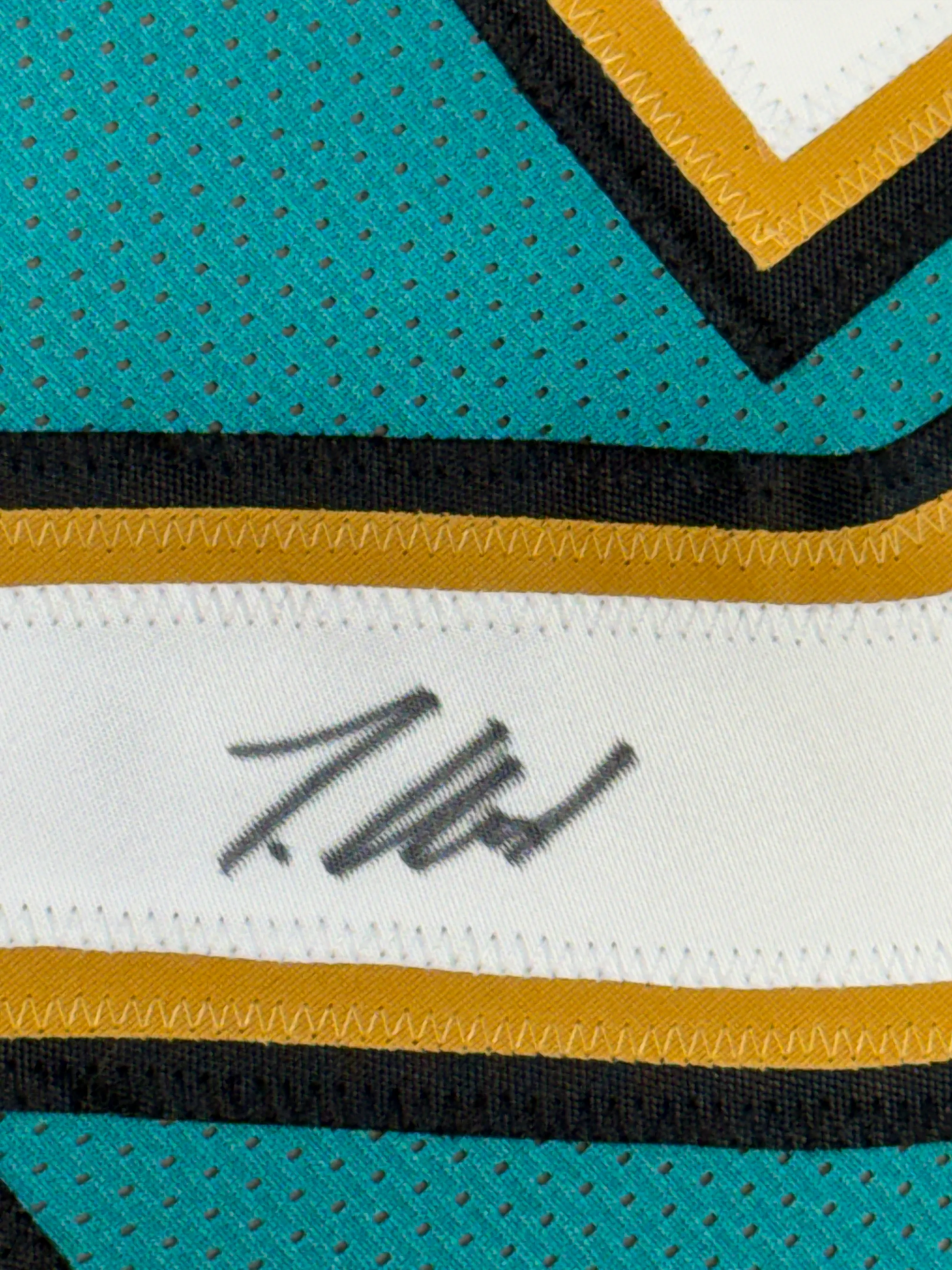 Framed Autographed/Signed Travis Hunter 35x39 Jacksonville Teal Retro Football Jersey Beckett BAS COA - Image 2