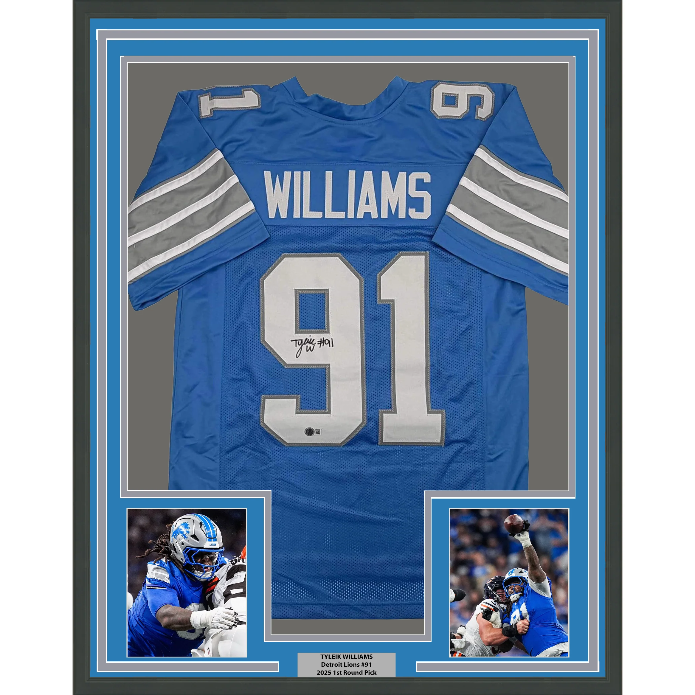 Framed Autographed/Signed Tyleik Williams 35x39 Detroit Blue Football Jersey Beckett BAS COA