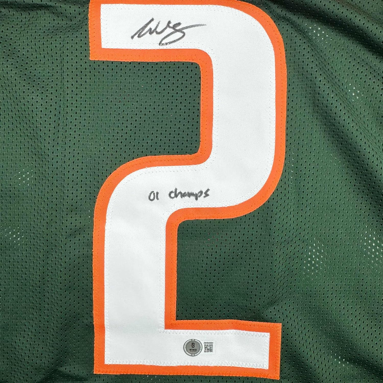 Framed Autographed/Signed Willis McGahee "01 Champs" 35x3 Miami Green College Football Jersey Beckett BAS COA - Image 2