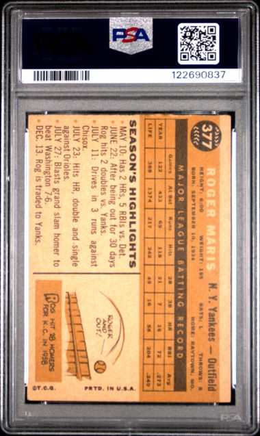 Graded 1960 Topps Roger Maris #377 Baseball Card PSA 4 VG-EX - Image 2