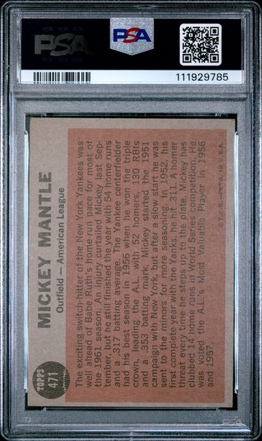 Graded 1962 Topps All Star Mickey Mantle #471 Baseball Card PSA 4 VG-EX - Image 2
