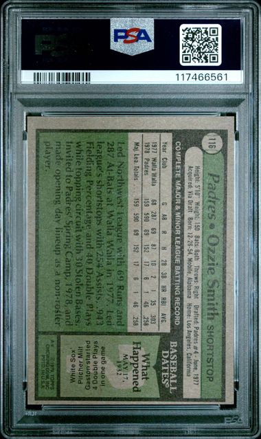 Graded 1979 Topps Ozzie Smith #116 Rookie RC Baseball Card PSA 8 Near Mint-Mint - Image 2
