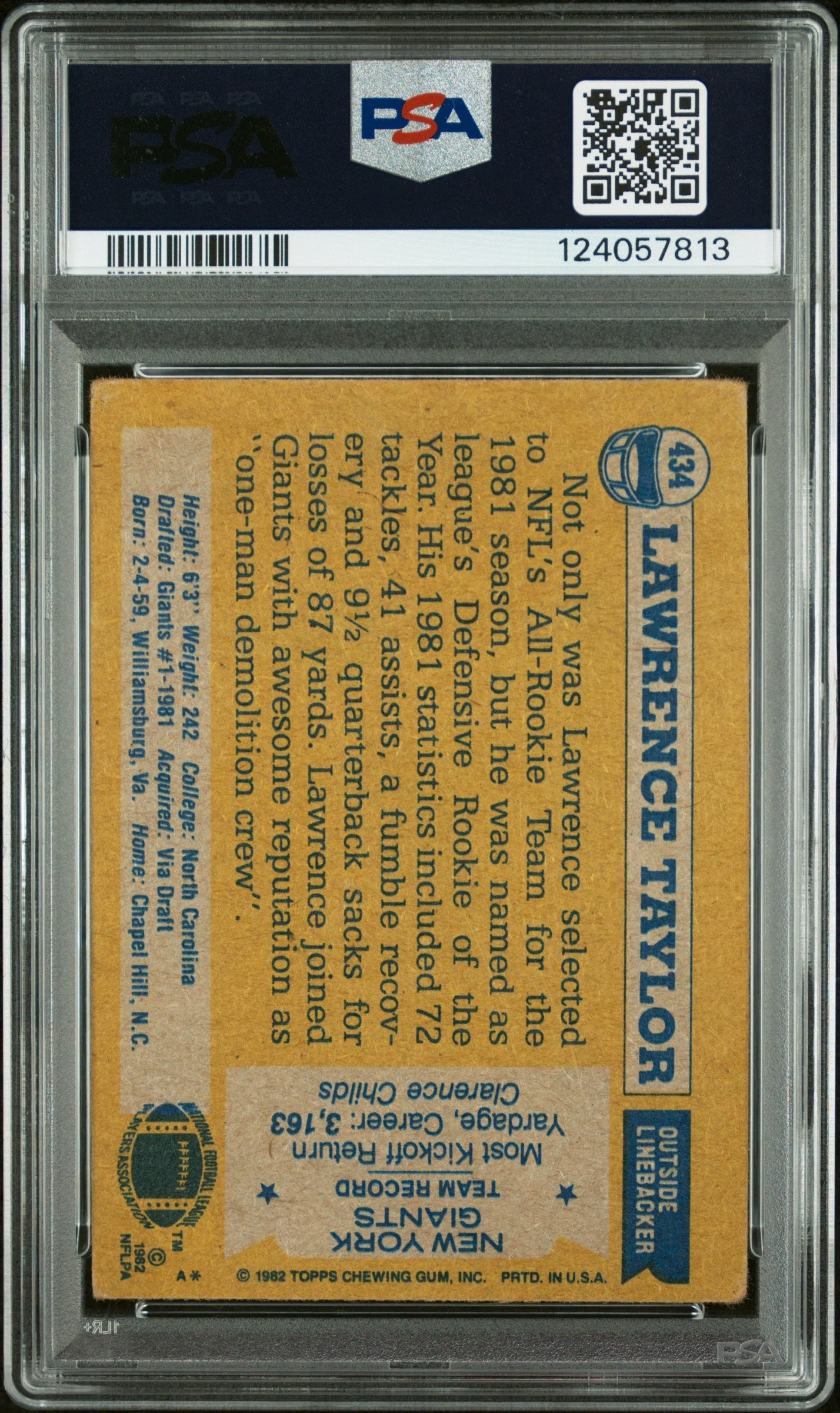 Graded 1982 Topps Lawrence Taylor #434 Rookie RC Signed Football Card PSA 1.5 Card - Auto Grade Authentic - Image 2