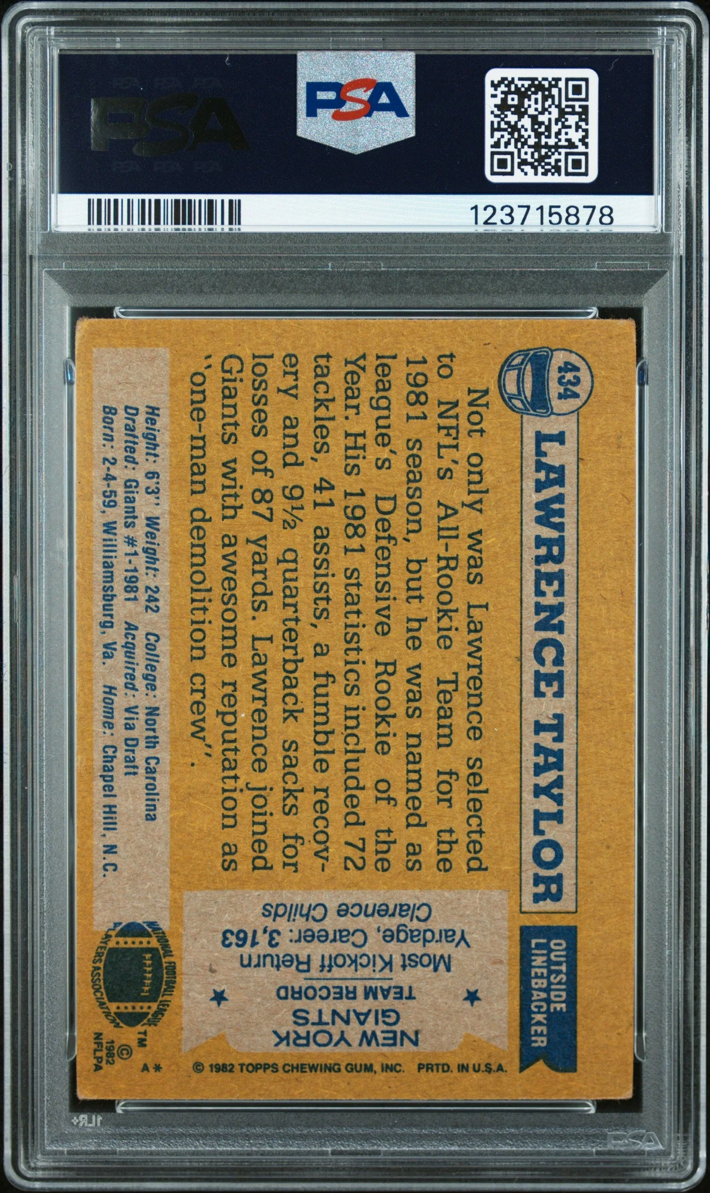 Graded 1982 Topps Lawrence Taylor #434 Rookie RC Signed Football Card PSA 3 Card - Auto Grade 10 - Image 2