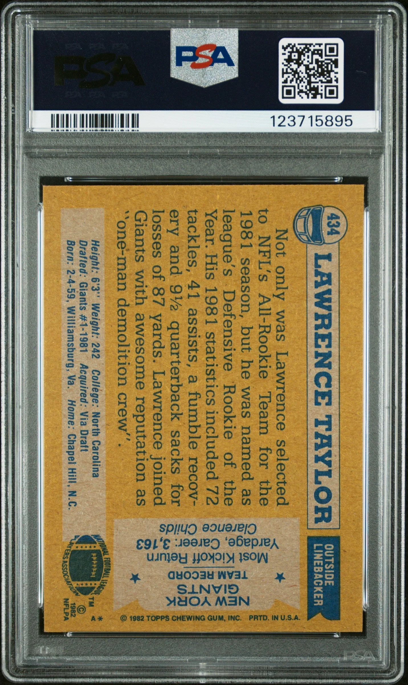 Graded 1982 Topps Lawrence Taylor #434 Rookie RC Signed Football Card PSA 6 Card - Auto Grade 10 - Image 2